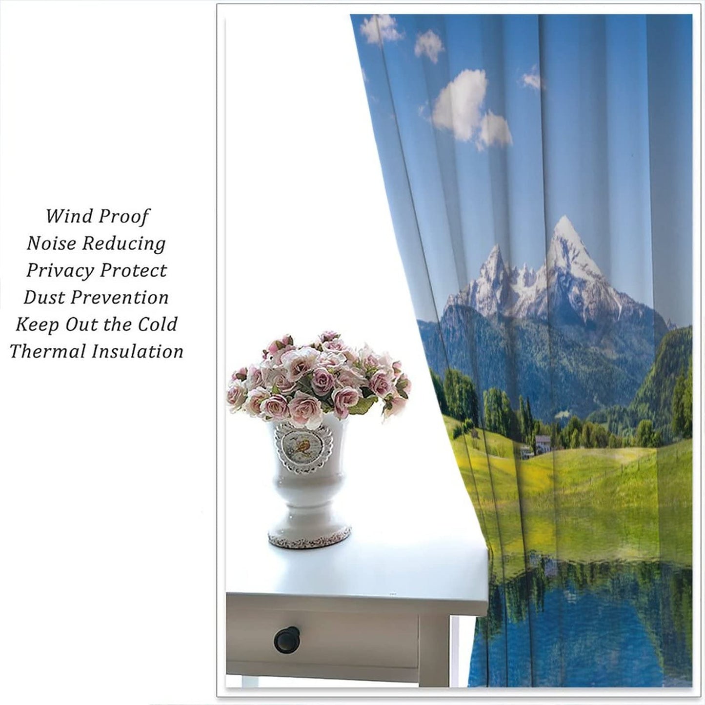 Lake Deocr Curtain, Nature Mountain Scenic Beautiful Blue Sky White Cloud House Grassland Landscapes Home Decor Windows Rod Pocket Curtains for Bedroom Kitchen Cafe Office Drapes 42x45in