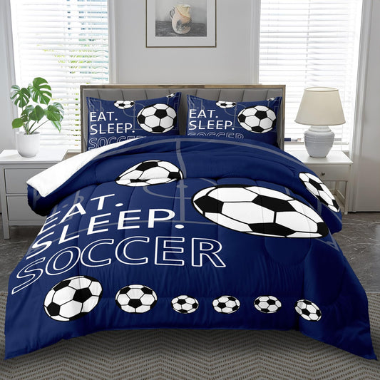 llyxsesty Soccer Comforter Set Queen Bedroom Decor,Sports Comforter Sets for Boys,Blue Soccer Bedding Queen,Black Sports Bedding for Teen,Ball Games Quilt Set,Blue Bedroom Decor Boys
