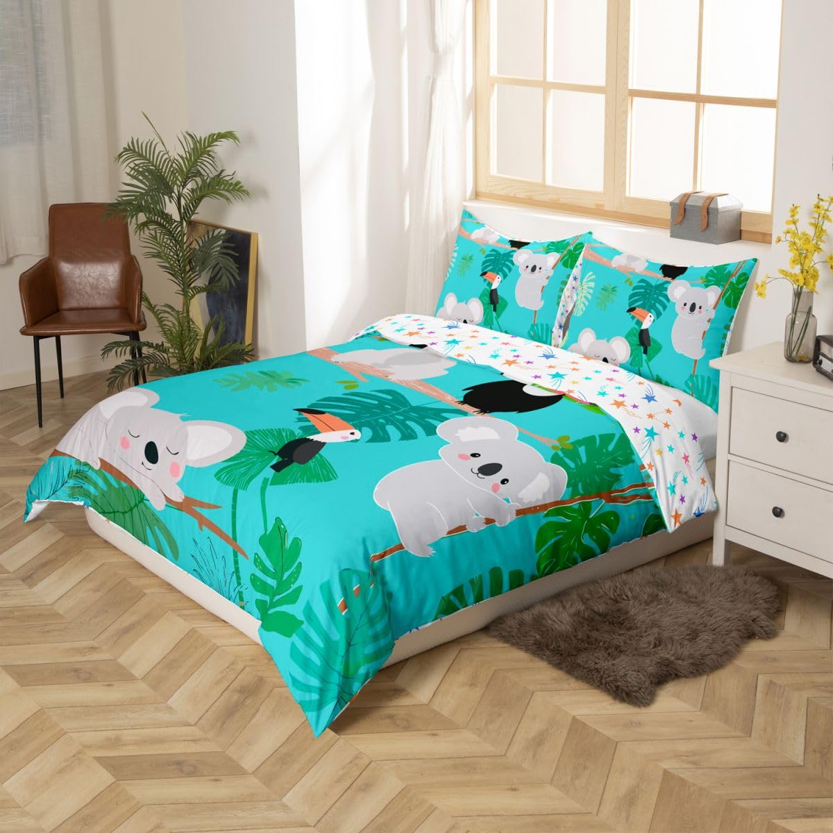 Kids Koala Duvet Cover Cute Animal Pattern Bedding Set Palm Leaf Comforter Cover for Boys Girls Children Room Decor Lightweight Cartoon Koala Printed Bedspread Cover Queen Size With 2 Pillow Case