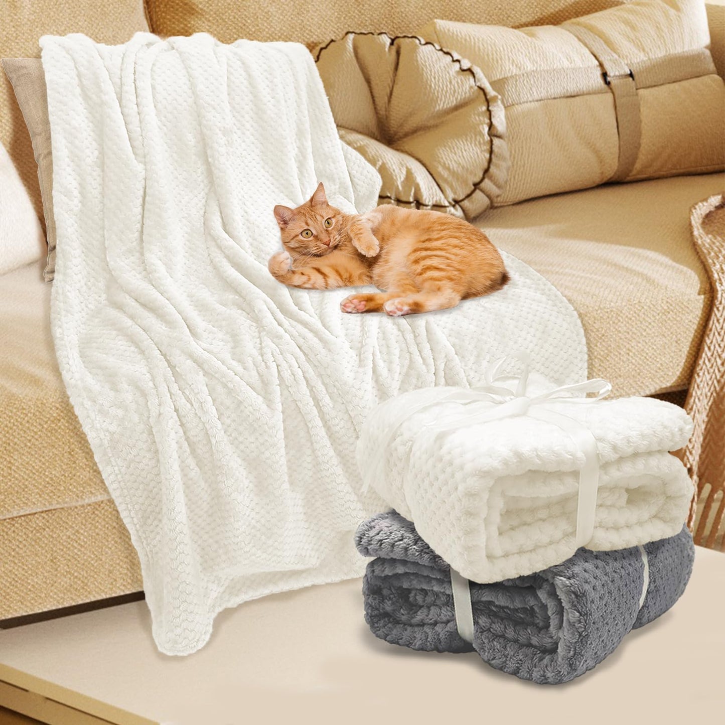 Tewloss 8 Pack Fleece Throw Blankets 50x60 Inches - 240 GSM Ultra Soft Plush Flannel for Bed Couch Sofa, Lightweight Warm 3D Waffle Texture, No Shedding No Pilling All Season Throw(Creamy White)