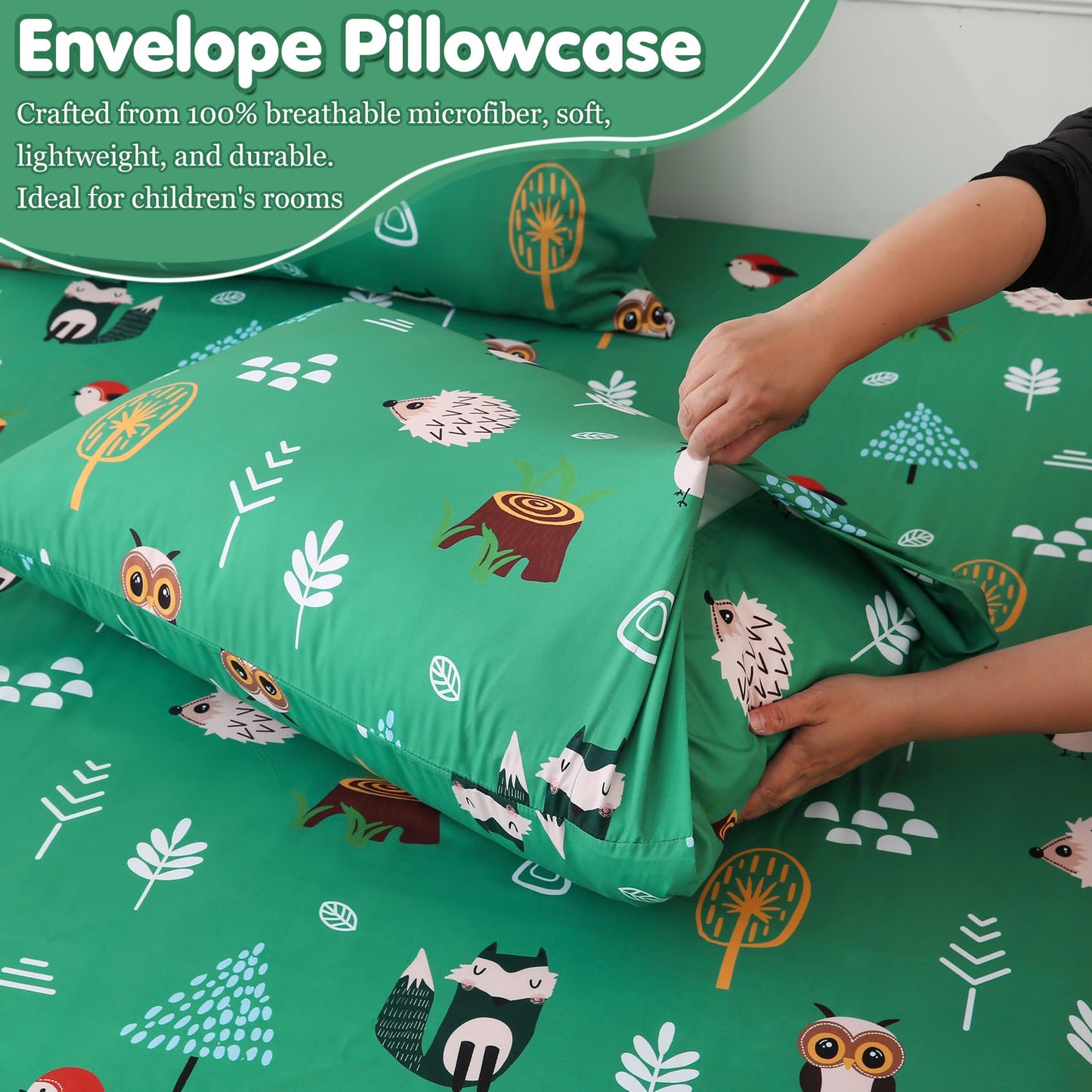 Green Forest Animals Twin Sheets Set for Kids 3 Piece Soft Microfiber Bed Sheets with Deep Pocket Cartoon Fox Owl Hedgehog Printed Bedding for Children Boys Kids (Animal Forest, Twin)