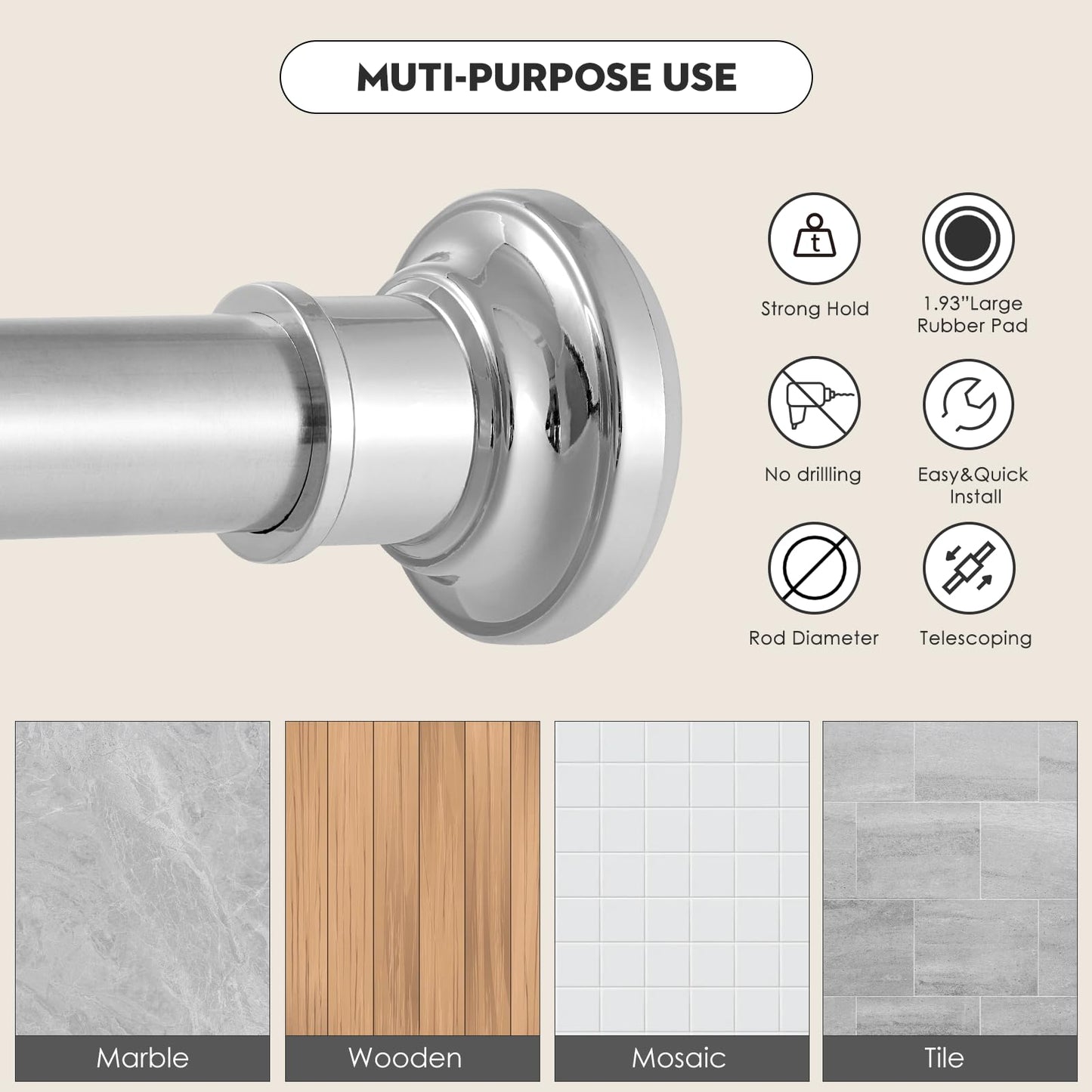 Silver Long Curtain Rod Tension Shower Curtain Rods 30 to 120 inch Adjustable Heavy Duty Rods for Bathroom Windows Outdoor Spliced Telescopic Design No Drill No Slip Stainless Steel