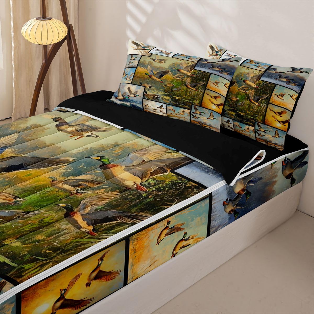 Feelyou Mallard Duck Zipper Bedding Hunting Animal Duck Comforter Set for Kids Boys Girls Queen Size Rustic Farmhouse Zippered Kids Bedding Set Ultra Soft Bed in a Bag