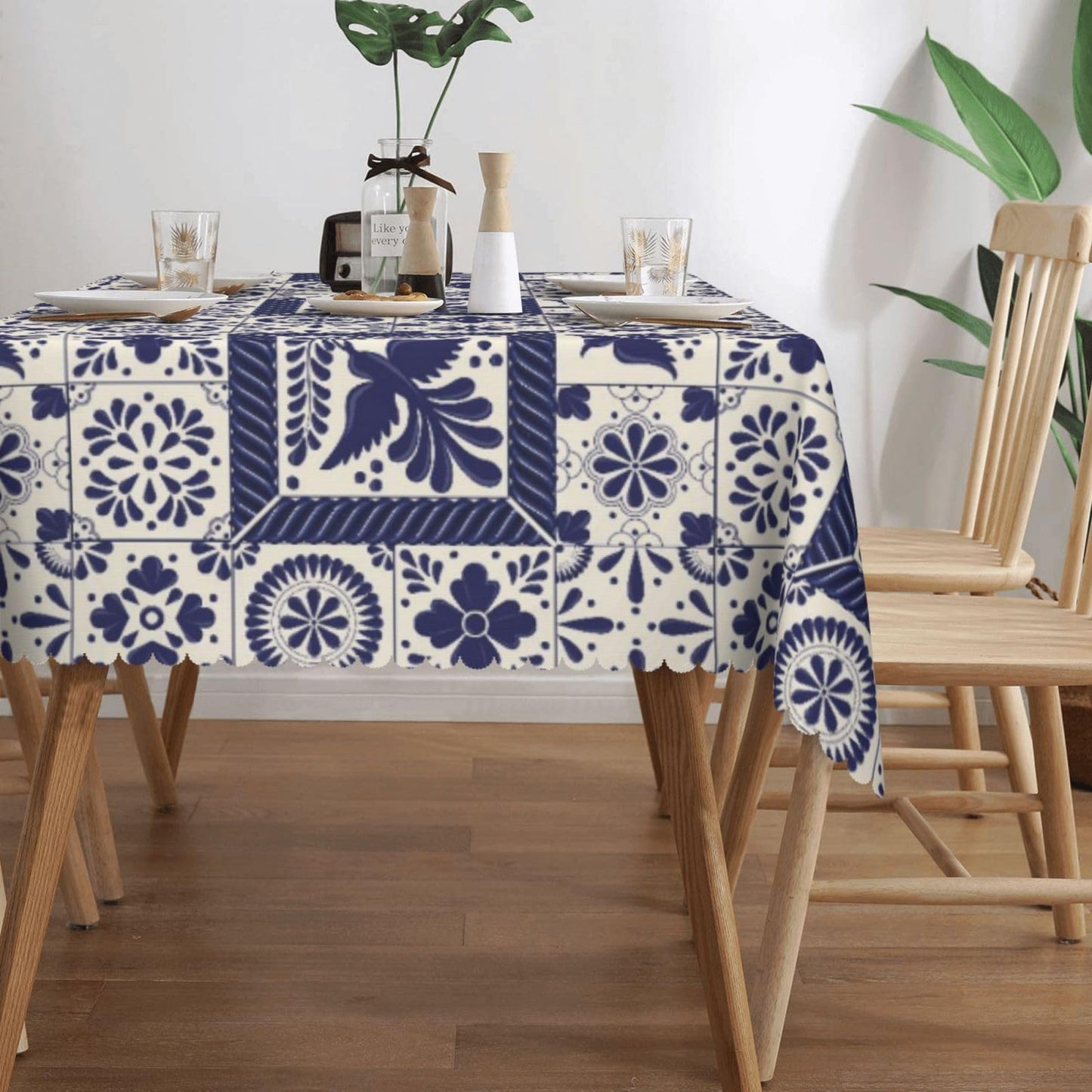 VIMPEYDON Floral Bird Mexican Table Cloth for Dining Tables, Reusable Blue Patchwork Tiles Tablecloths Holiday Talavera Tile Tabletop Decoration Rectangle Table Cover for Home,Kitchen,Party,54x72Inch
