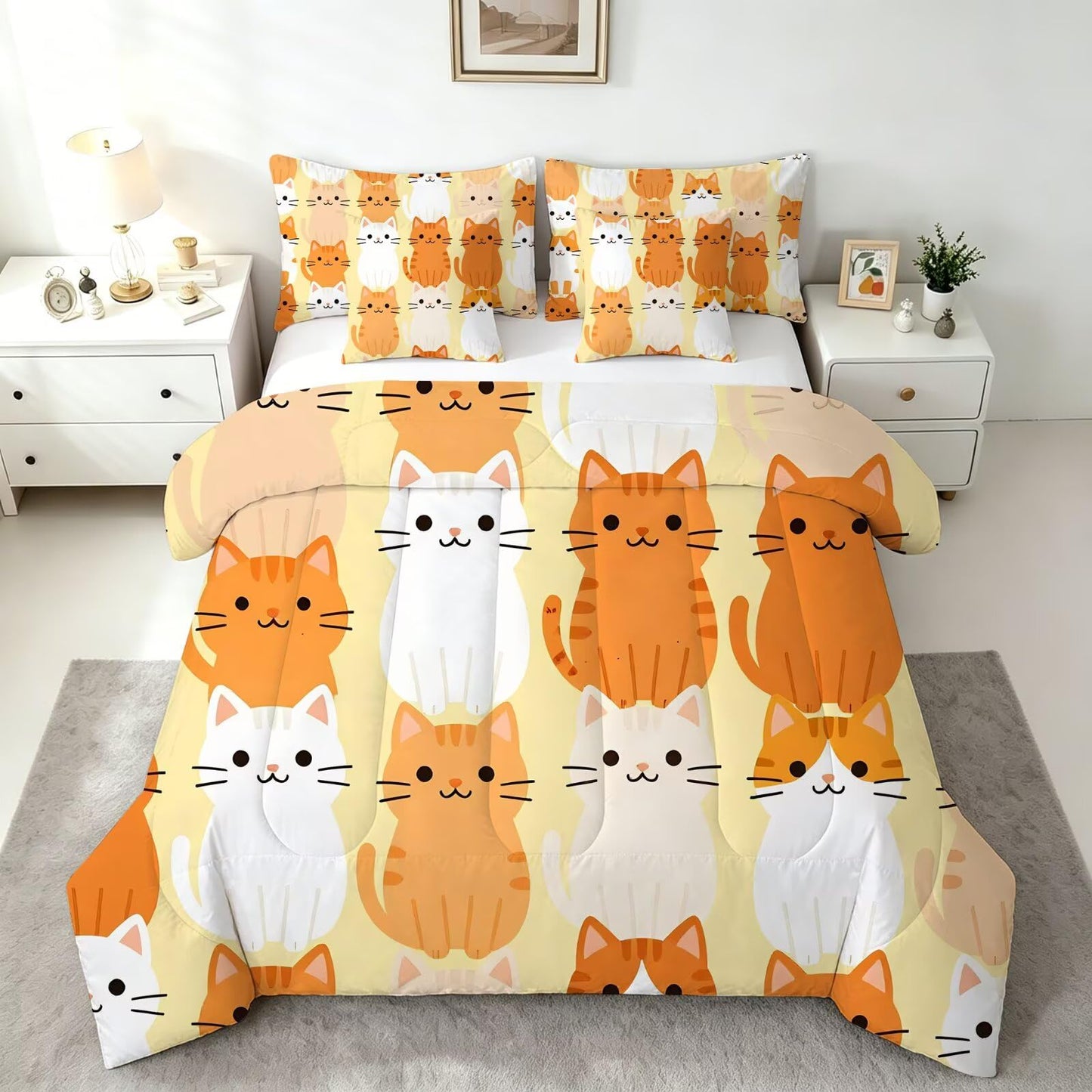 FUYEUN 7 Piece Cartoon Cute Cats Full Size Comforter Set for Girls Kids