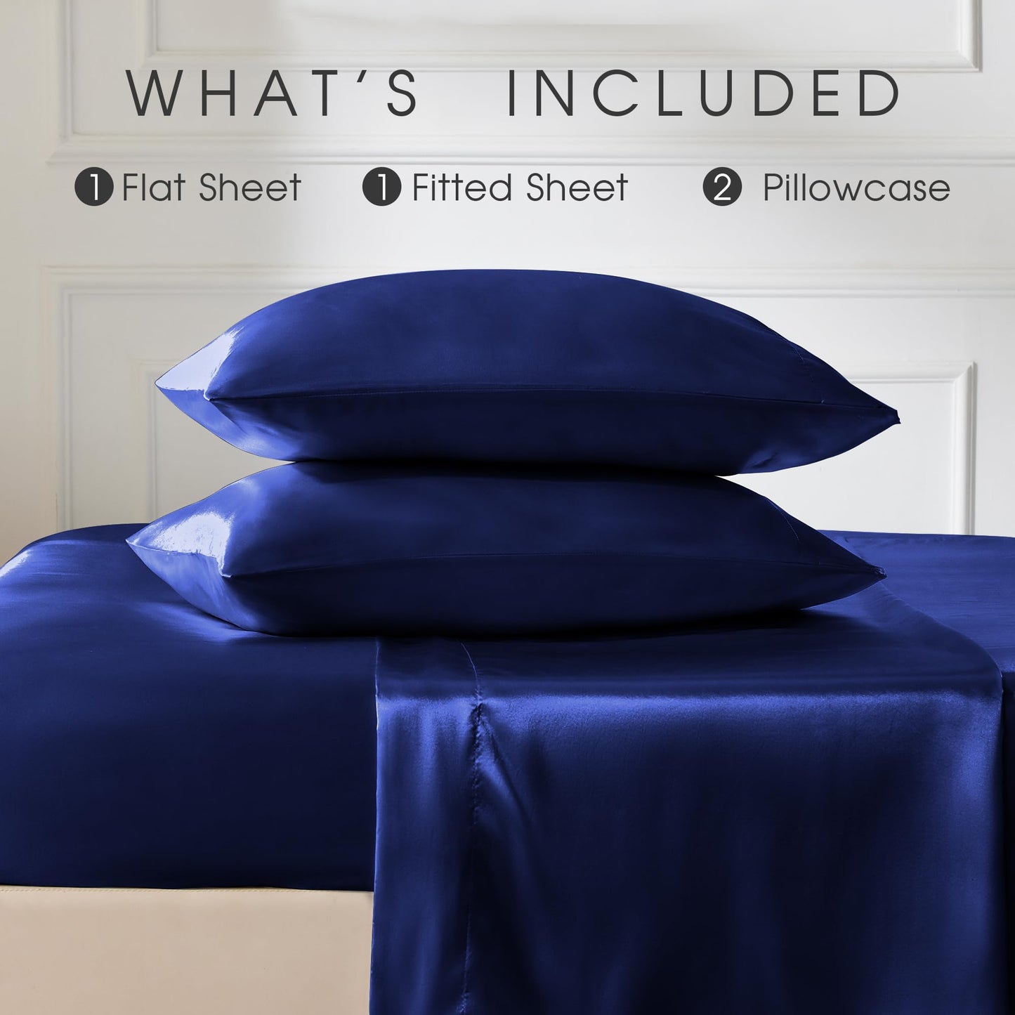 FreshCulture Satin Sheets Full Size - 4 Piece Luxury Soft Silky Full Size Bed Sheets, Similar to Silk Bed Sheet Set with 1 Deep Pocket Fitted Sheet, 1 Flat Sheet & 2 Pillowcases (Navy)