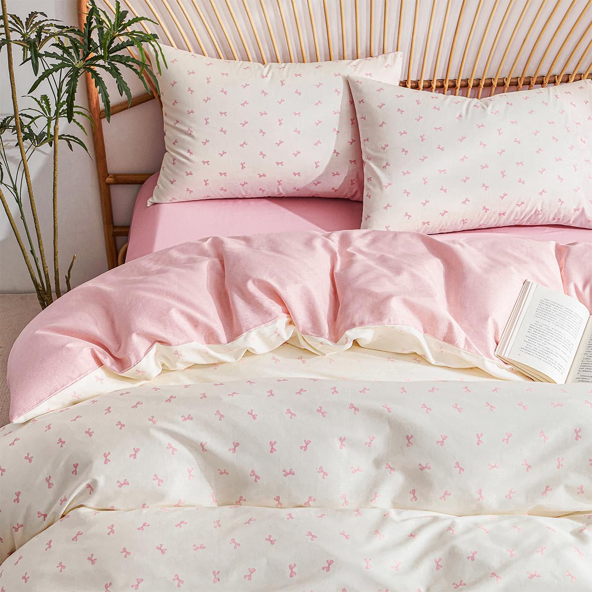 Jolusere Bow Duvet Cover Queen Size 100% Cotton Duvet Cover Set Girls Kids Reversible Pink Beige Comforter Cover 3 Pieces Soft & Breathable Pink Bowknot Bedding Set with 2 Pillowcases, Zipper Closure