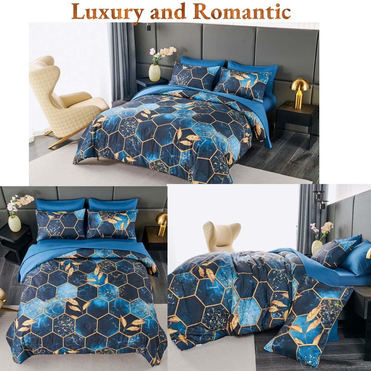 ANGIYUIN 7 Pieces Blue Gold Bed in A Bag Full Geometric Hexagon Theme Bedding Sets Gold Trim Comforter Set, Luxury Steel Blue Gold Foil Print Bed Sets with Pillowcases Sheets (Blue Full)