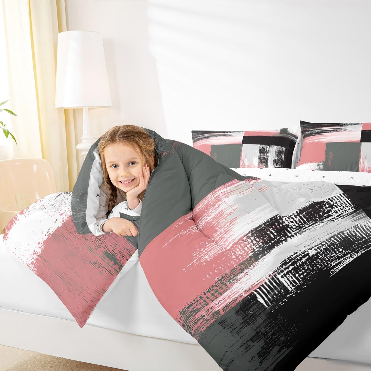 Feelyou Buffalo Check Comforter Set Geometric Comforter for Kids Boys Girls Teens Geometric Pink Grey Black White Bedding Set Breathable Modern Art Duvet Set Room Decor Quilt Set Queen Size