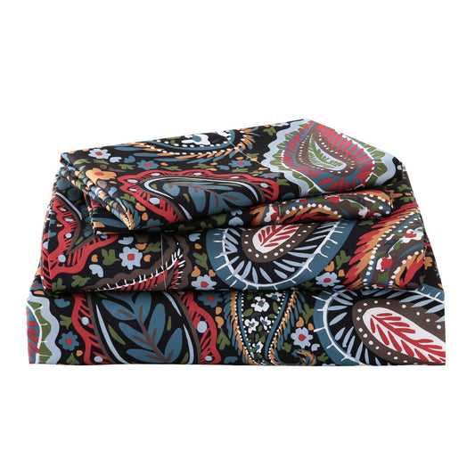 Yibeizi Queen Sheet Set Deep Pocket Queen Size Black Paisley Bed Sheets Set, Dark Floral Printed Soft Microfiber Oeko-Tex Sheets & Pillowcases Hypoallergenic Wrinkle Free Bedsheets