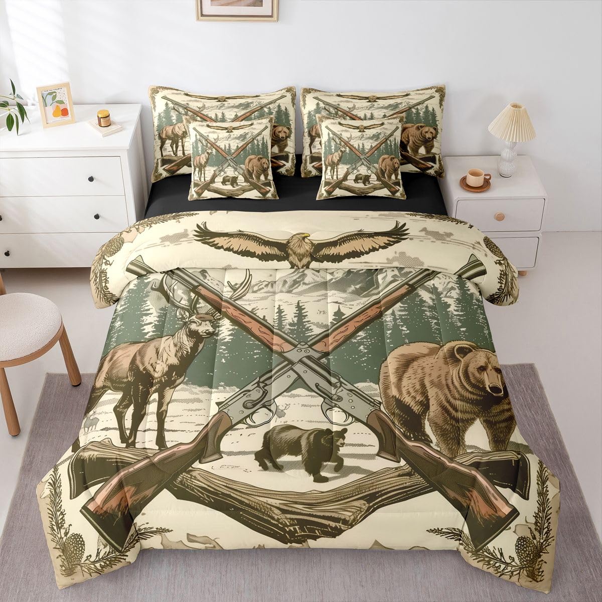 Erosebridal Shotguns 7 Piece Bedding Set Queen Hunting Comforter Set with Sheets Mountain Pine Cone Trunk Woodland Bed in a Bag Bear Deer Eagle Pattern Hunt for Teens Men Women