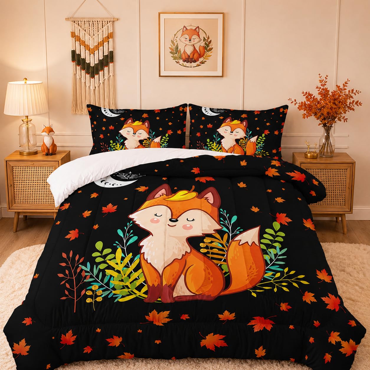 XYNHML Cartoon Fox Comforter Set 3-Pieces Cute Fox Bedding Set Moon Plants Leaves Printed Quilt Set for Kids Boys Girls with 2 Pillowcases Full