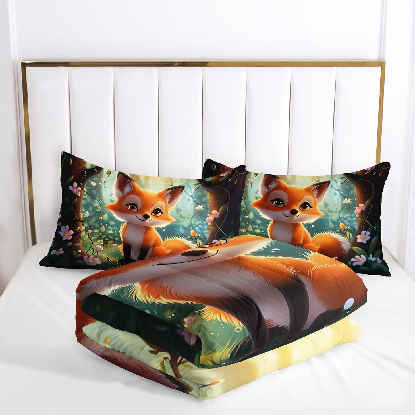 AILONEN Kawaii Orange Cartoon Bedding Set - Twin Size, 3-Piece Forest Fox Set with 1 Comforter and 2 Pillowcases for Boys & Girls
