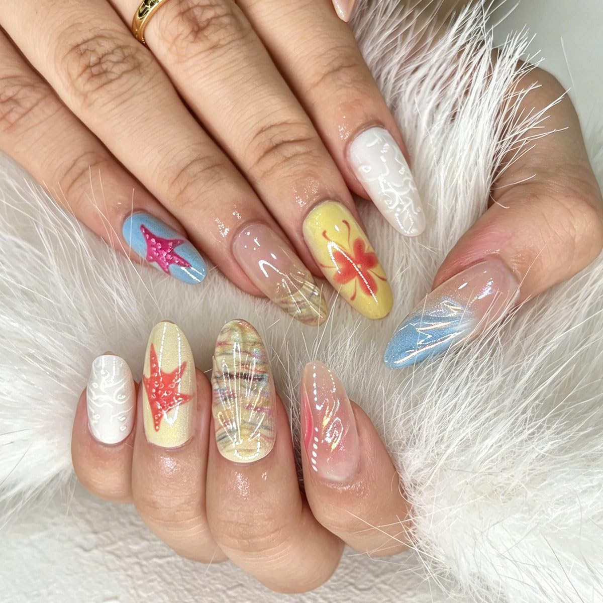 3D Press On Nails Almond Medium Fake Nails with Cat's Eye Embossed Starfish&Lines Summer Beach Designs, Acrylic Artificial Nail Press ons False Stick On Nails for Women Girls 30Pcs