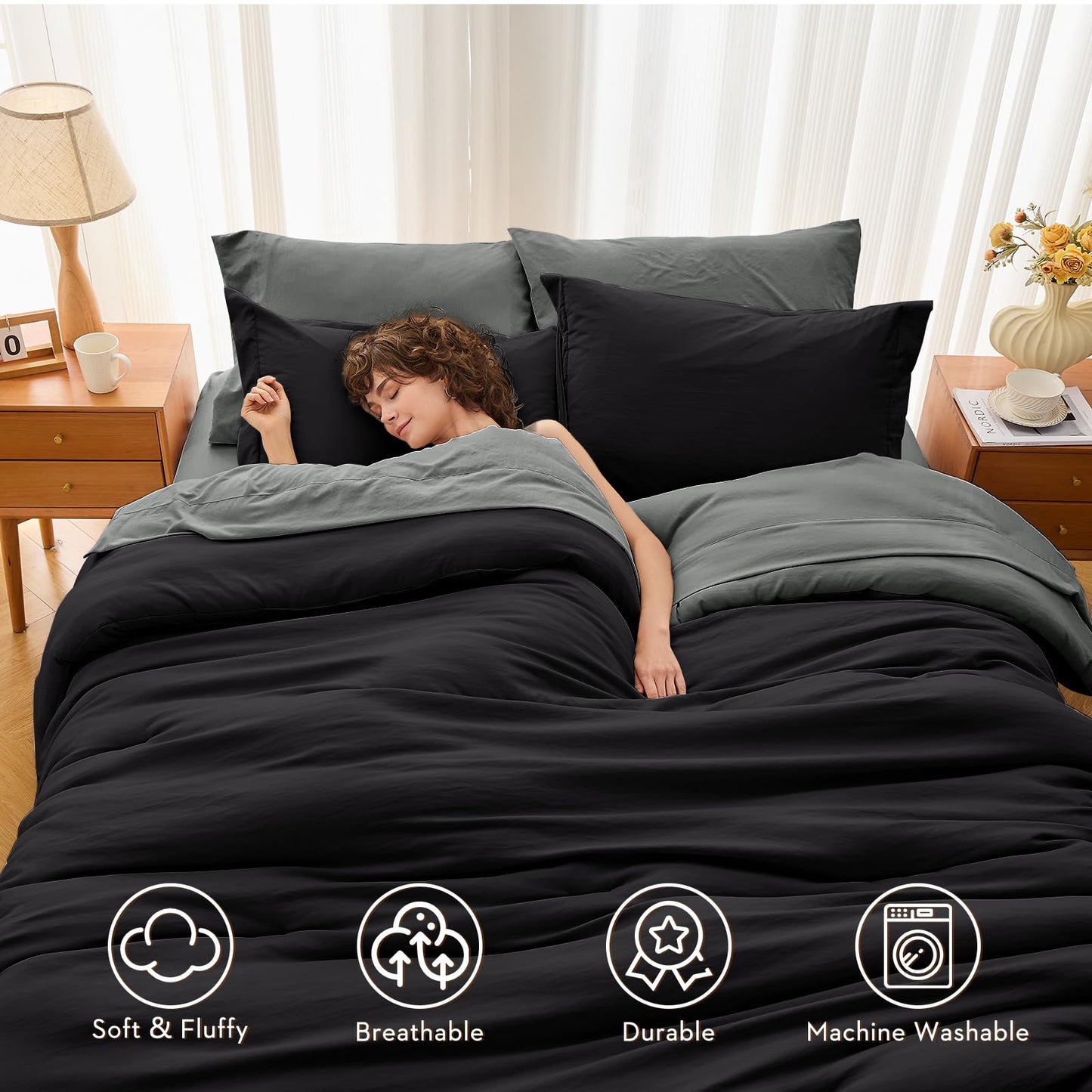 MUXHOMO 7 Pieces King Comforter Set, Soft Bed in a Bag King Size, All Season Bedding Set with Comforter, Flat Sheet, Fitted Sheet, Pillowcases & Shams, Black & Grey