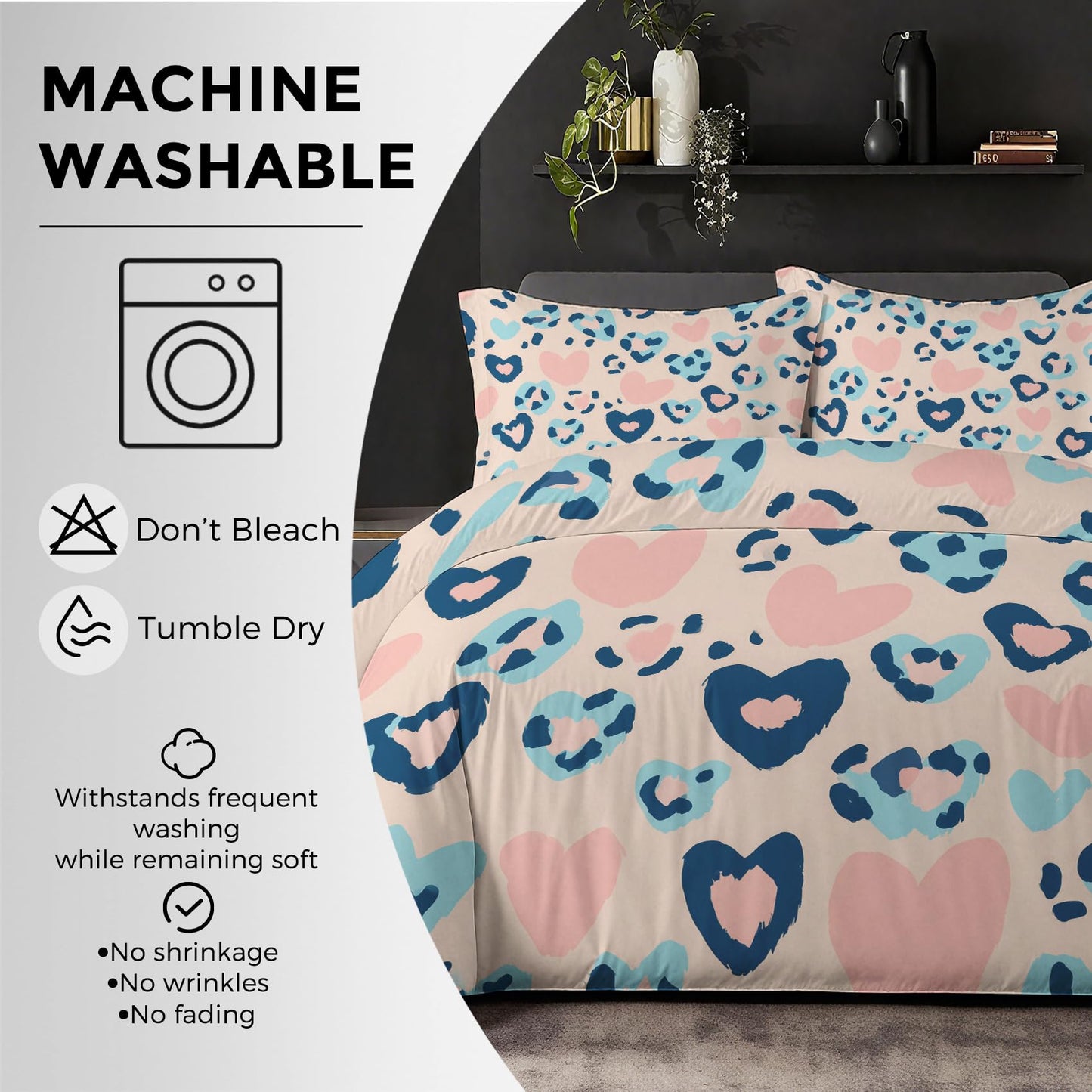 Blue Pink Cheetah Print Duvet Cover Queen, Heart Leopard Print Bedding Set 3 Piece & 2 Pillowcases, Animal Print Bedroom Decor, Reversible Soft Microfiber, Zipper Ties