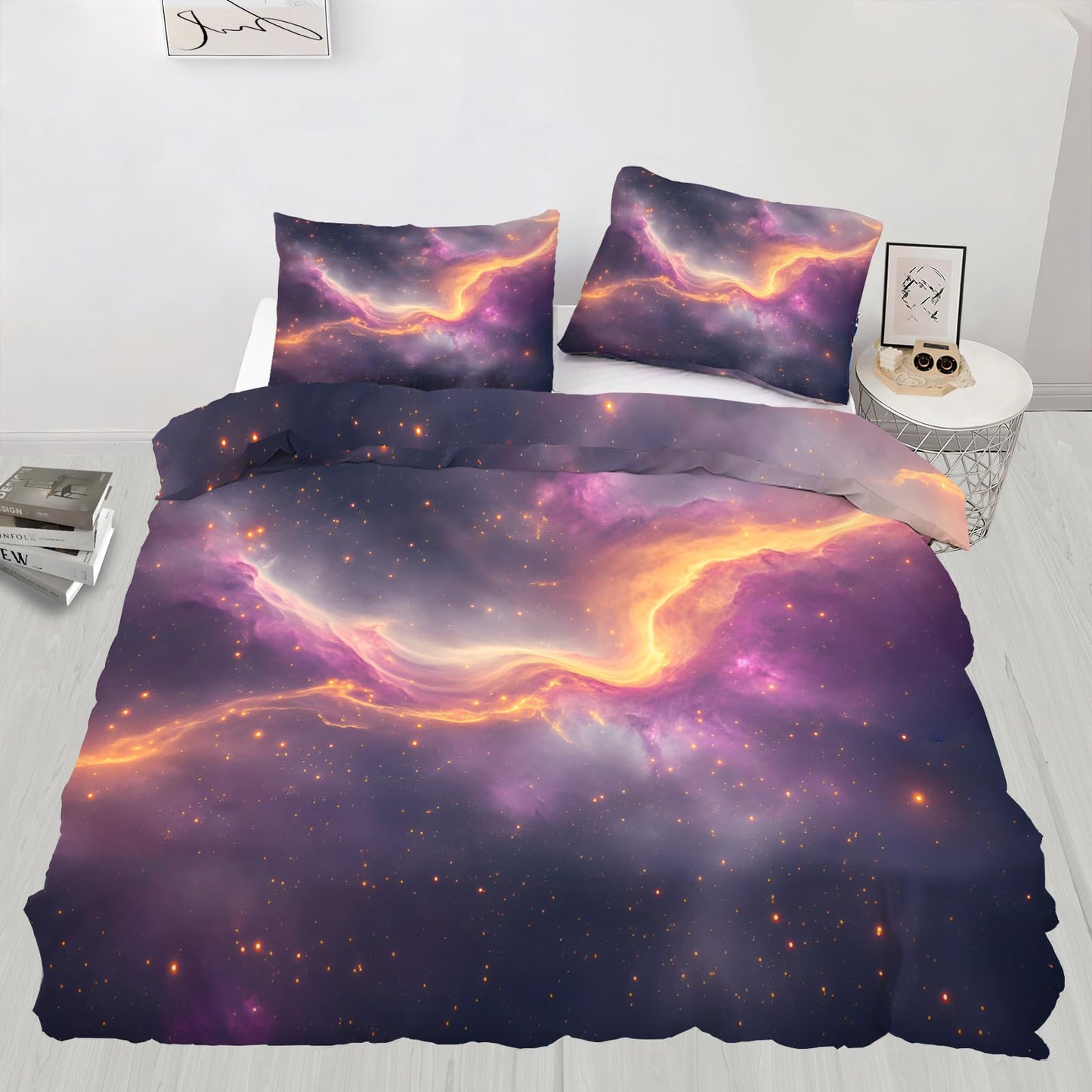 PAISUOQ Galaxy Duvet Cover Full, Purple Space Bedding, Cosmic Landscape Comforter Cover with 2 Pillow Cases, 3 Pieces with Zipper & Ties, Bedroom Decor & Gifts
