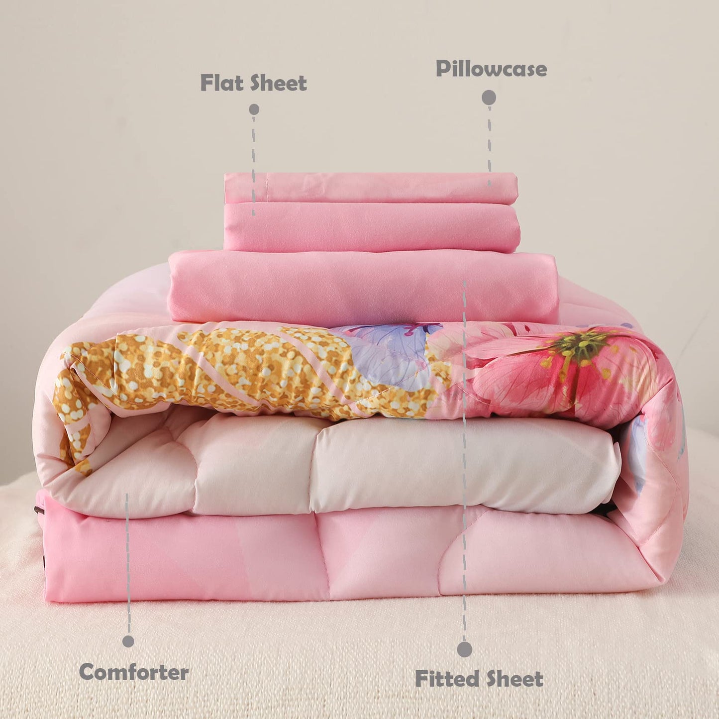 KINBEDY Toddler Bedding Set 4 Piece Pink Unicorn Crib Bedding Set for Girls Soft Cute Floral Toddler Bed Sheets Comforter Set Baby Bedroom Set, Include Comforter, Flat Sheet, Fitted Sheet, Pillowcase