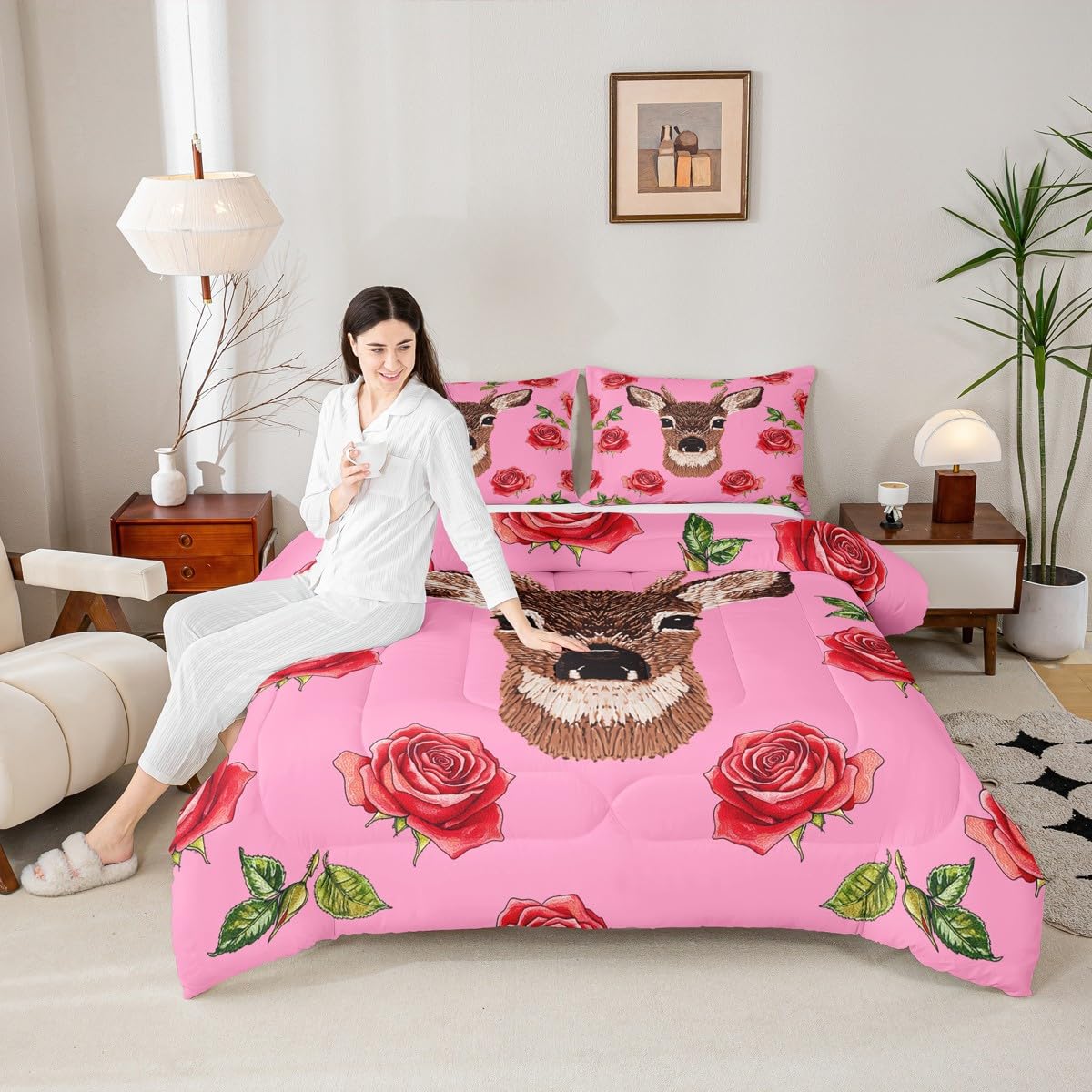 Erosebridal Cute Deer Comforter Set Twin Size Cartoon Flowers Bedding Set for Kids Girls BoysRomantic Pink Roses Comforter Garden Love Quilt Bedroom Decor