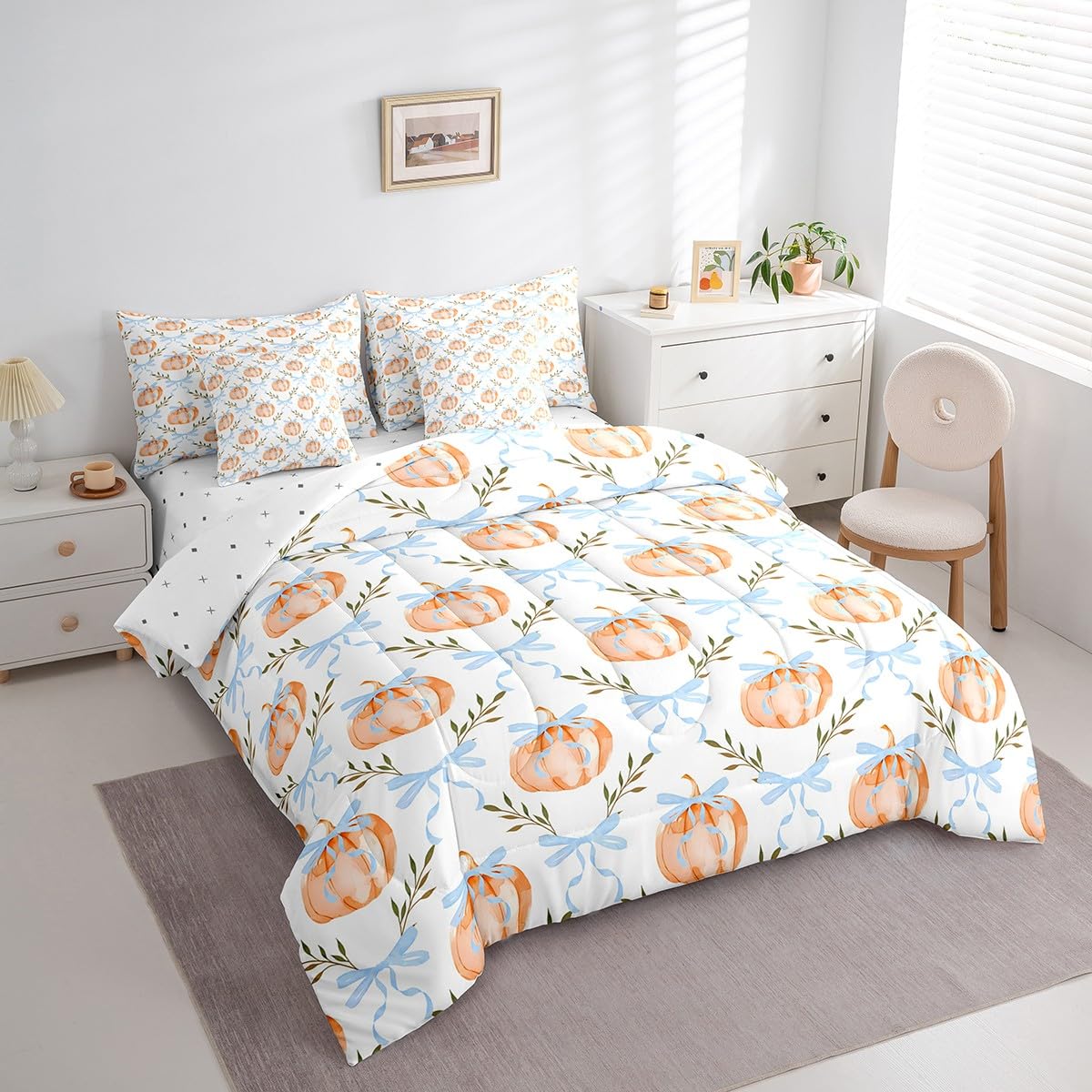 7 Pieces Bow Pumpkin Comforter Set Full Size,Blue Bowknot Lines Bedding Sets Kids Girls Boys Women Palm Leaves Plaid Autumn Plants Quilt + Fitted & Flat Sheets + 2 Cushion Cover + 2 Pillowcases