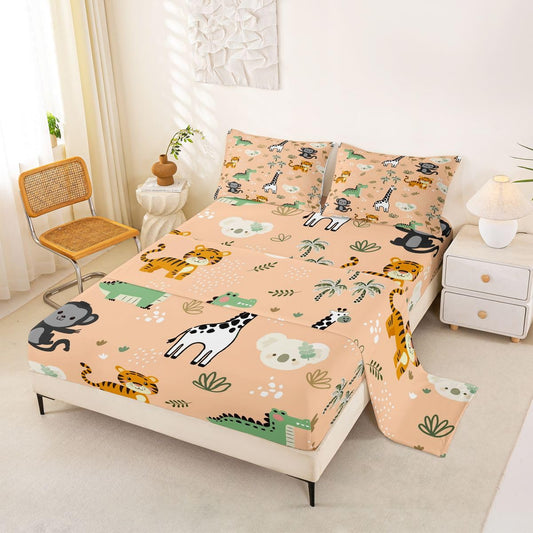 Erosebridal Jungle Animals Sheet Set Full Cute Cartoon Animals Bed Sheets for Kids Boys Girls Safari Flat Fitted Sheet Hunting Wildlife Sheets 3 Pcs