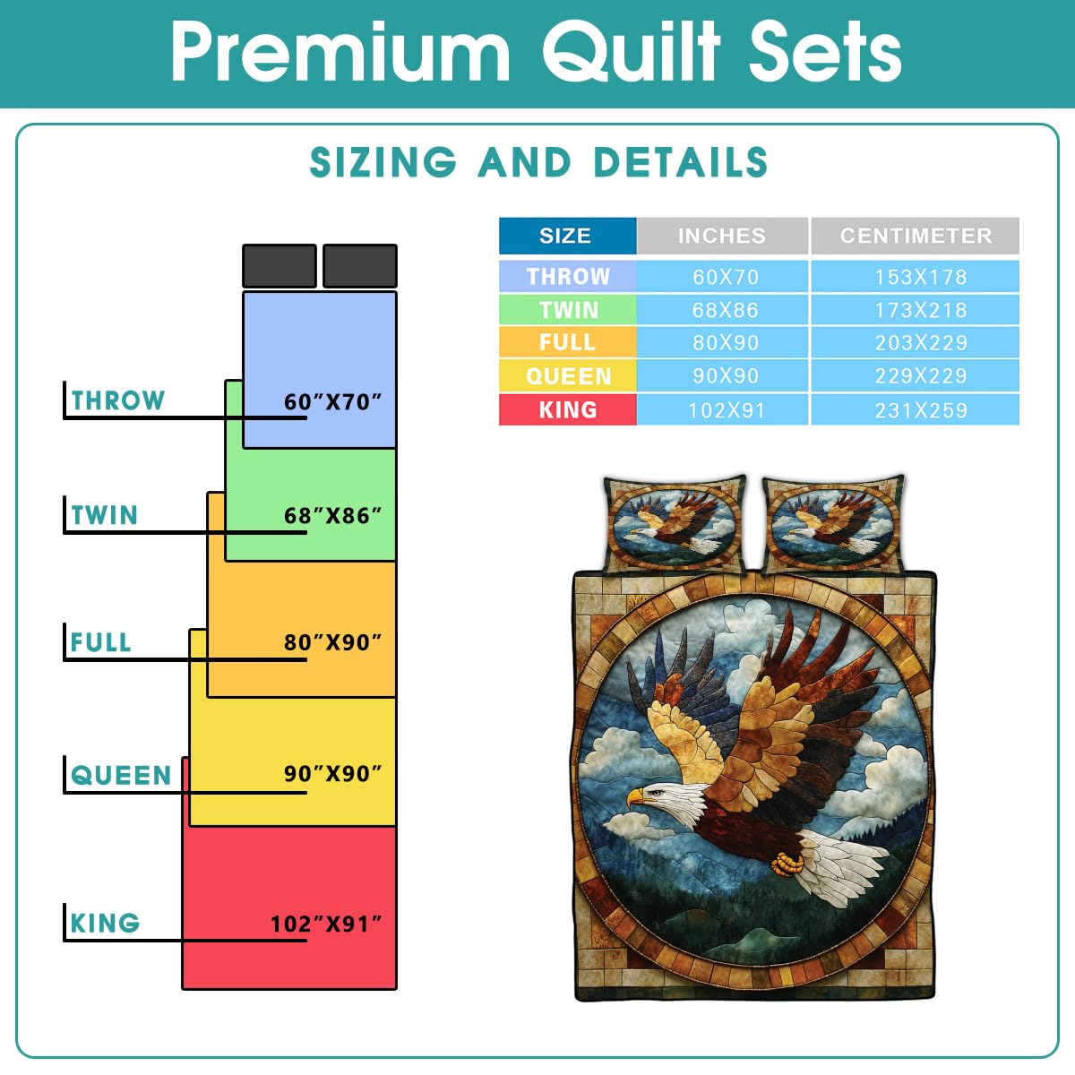 Jeminise Eagle Patchwork Printed Quilt Set, Animal Patchwork Eagle Quilt Set Throw Twin Size - Premium Pattern Quilt - Eagles Bedding Bedspread, Bedding Quilts Gift