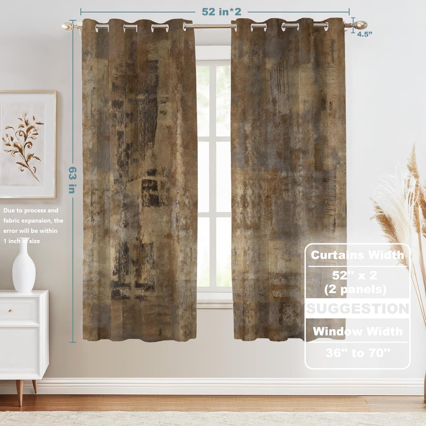 Shrahala Brown Abstract Art Blackout Window Curtains, Grey Acrylic Thermal Insulated Curtains Grommet Top Window Drapes for Living Room, Bedroom (2 Panels,52 x 63 in)