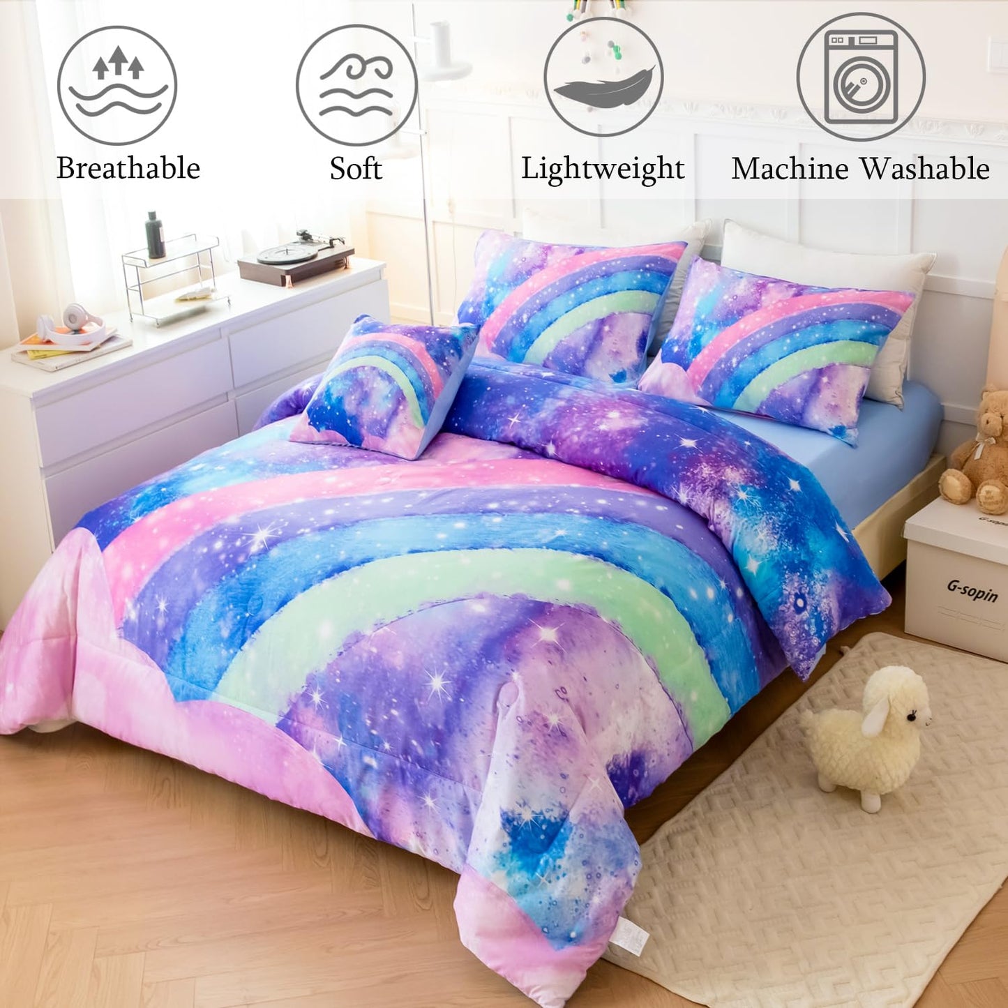 ANGIYUIN Rainbow Full Size Bedding Comforter Set for Girls Gradient Glitter Comforter Set 3D Tie Dye Blue Bedding Sets 6Pcs Soft Lightweight Girl Bed in A Bag for All Season