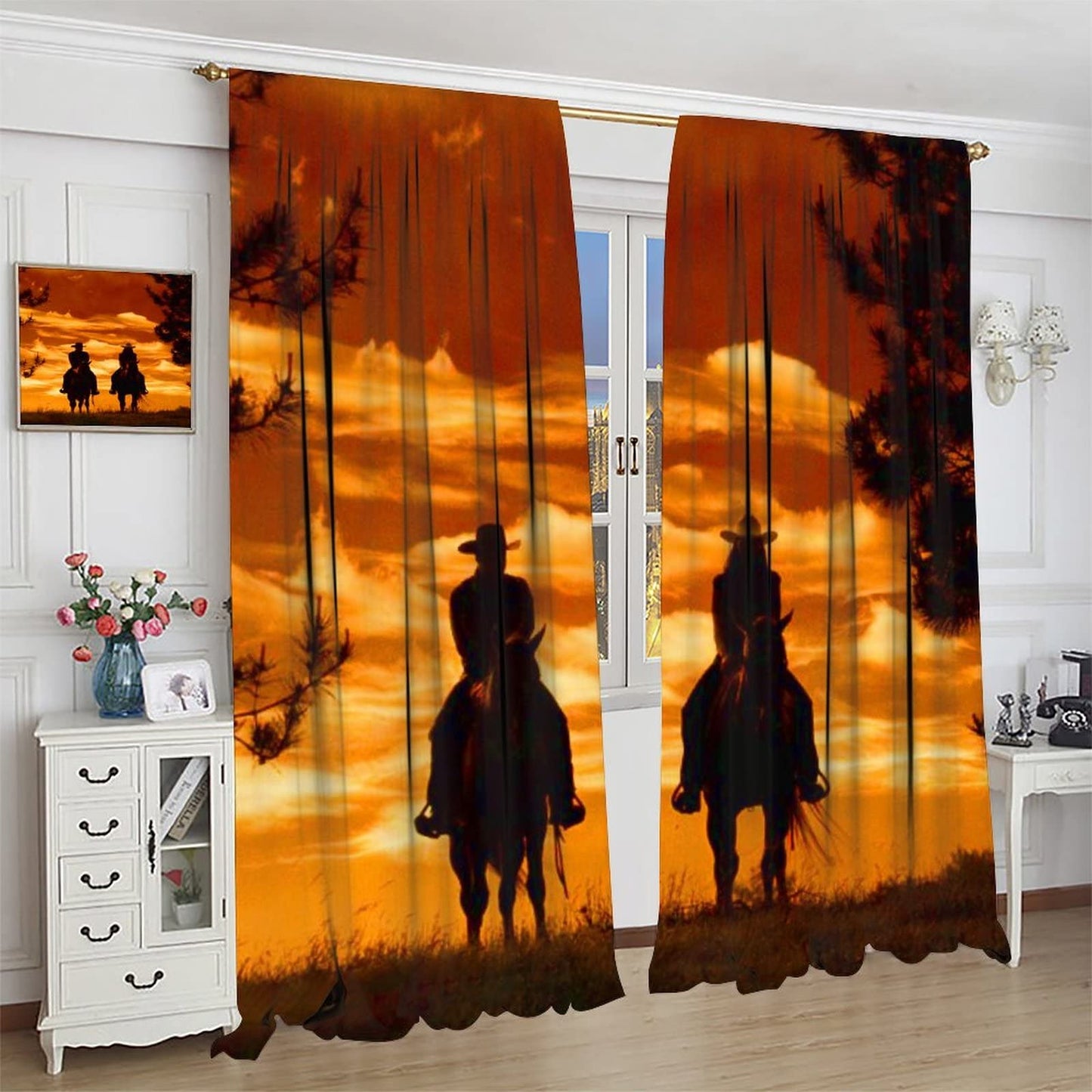 Kazynee Rustic Cowboy Blackout Curtains for Bedroom,Western Forest Sunset Country Cowboy Riding Horse Window Curtains Rod Pocket 2 Panels 45L x 21W