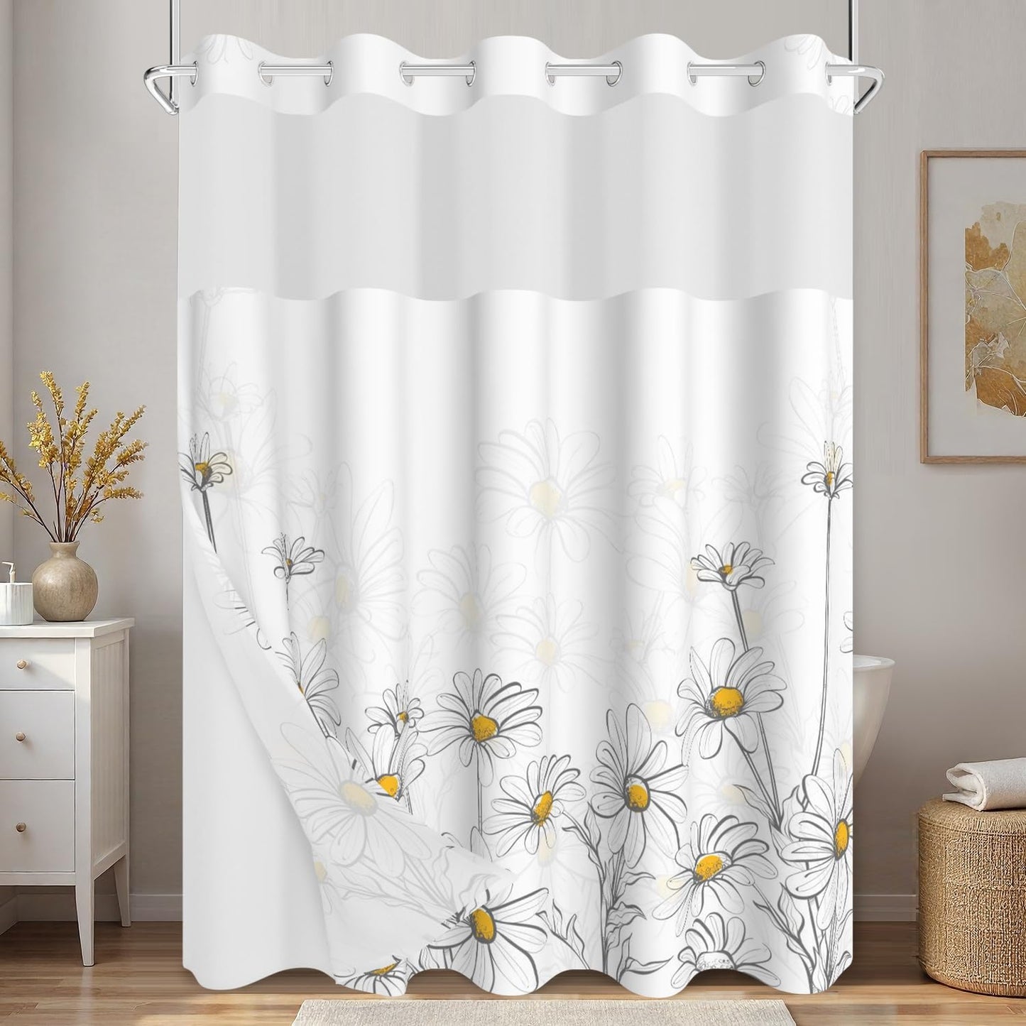 Xiazhilaio Daisy Floral Shower Curtain with Snap in Liner - Spring Summer Themed Flower Bath Shower Curtain No Hooks, Waterproof Double Layer Bathroom Curtain with Mesh Top Window, 71″W x 74″L