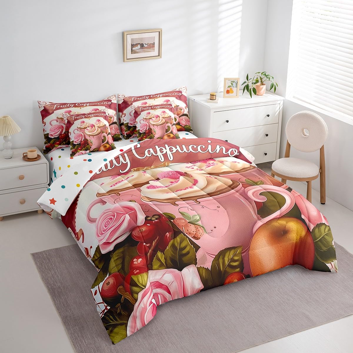 Erosebridal Fruity Cappuccino Comforter Set Full Size,Yummy Coffee Bedding Set for Kids Teens,Oil Painting Fruit (Comforter+Fitted+Flat Sheet+2 Pillowcases+2 Throw Pillow Covers) 7 Pieces Bed Set