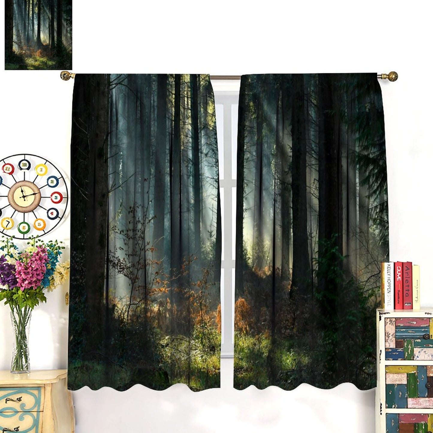 Forest Blackout Window Curtain，Sunbeams in The Dark Forest Deep Forest Tree for Bedroom Living Room Darkening Window Drapes 2 Panels 42x45 Inch