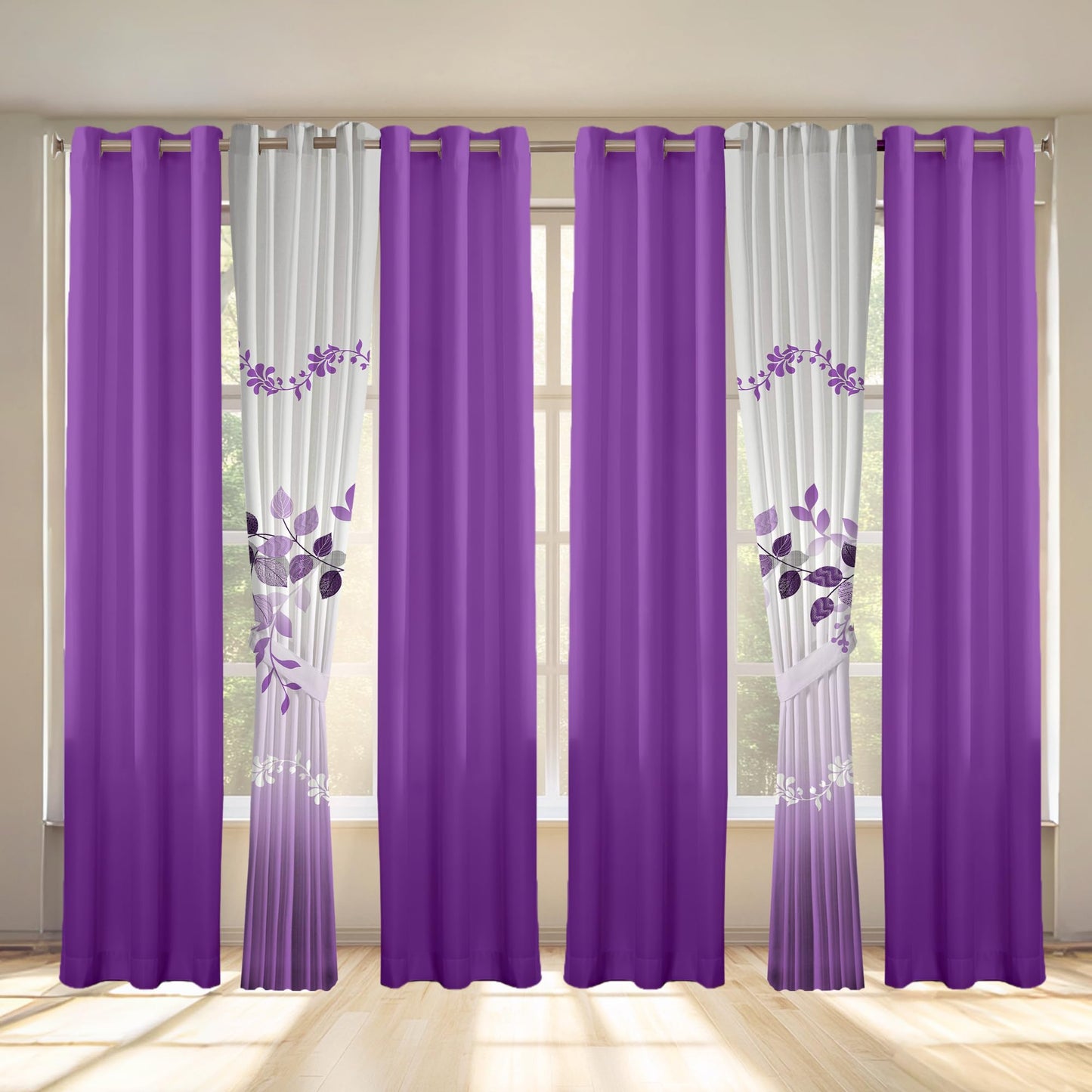 Deepsleep King Bedspread Set 9 Pieces, All Season Luxury Bed in a Bag for Bedroom, with 2 Pillowcases and 6 Curtains, Ultra-Soft Microfiber for Complete Bedroom Decor, Purple Flower