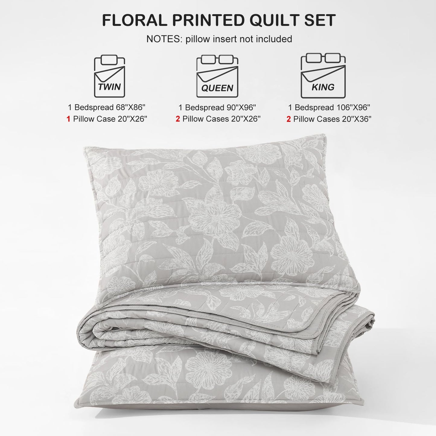 HORIMOTE HOME Floral Quilt Set Queen Size 3 Pieces, Grey Flower Fine Printed Reversible Botanical Bedspreads Bedding Sets, Soft and Lightweight Bed Coverlet for All Season