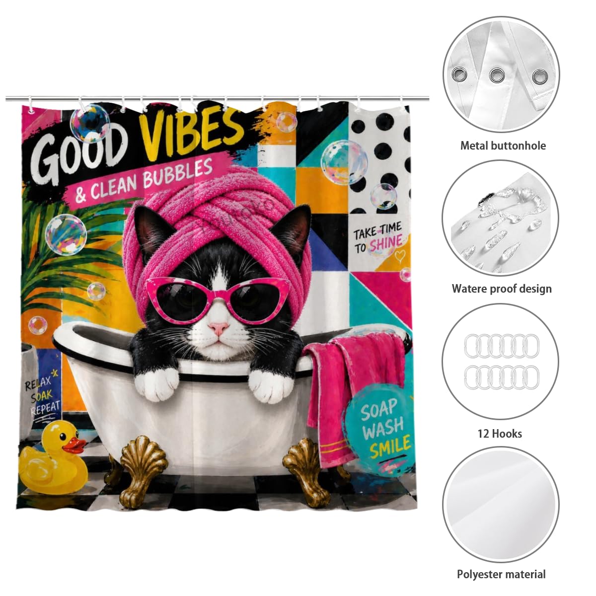 Youtoko Funny Tuxedo Cat Shower Curtain with Sunglasses and Towel in Bubble Bath 72x72 12 Hooks Waterproof Washable Polyester Bathroom Decor