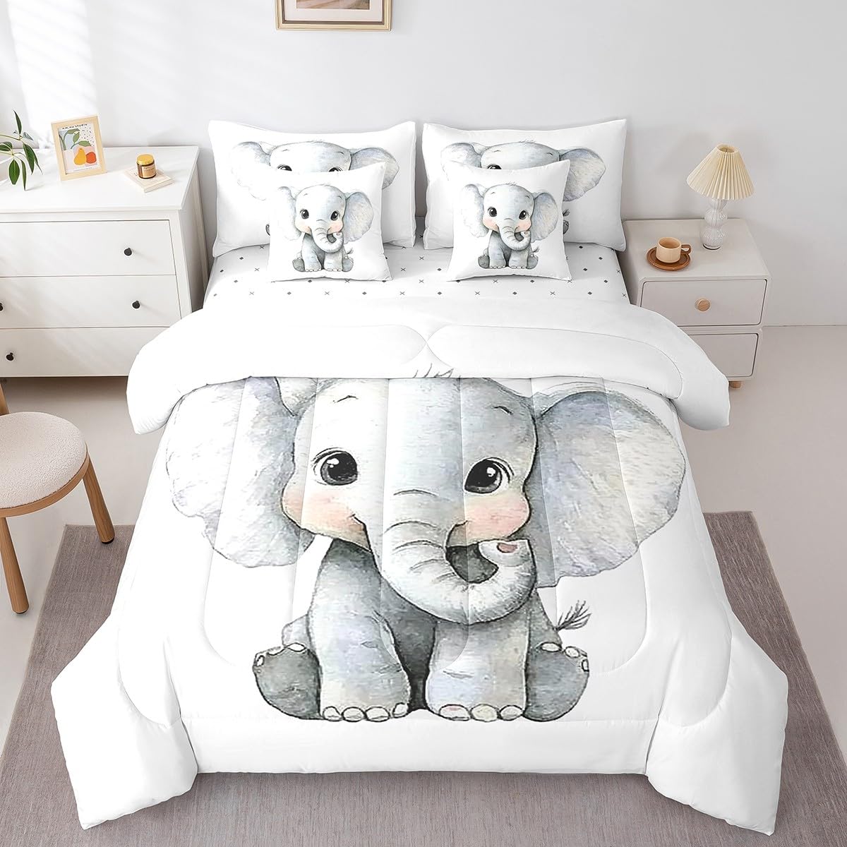 Erosebridal Kawaii Elephant Twin Size Comforter Set with Sheets Kids | African Jungle Animal 7-Piece Bedding Set Tropical Forest Wildlife Pattern Bed in a Bag Cartoon Wild Safari Animal Bed Quilt Sets
