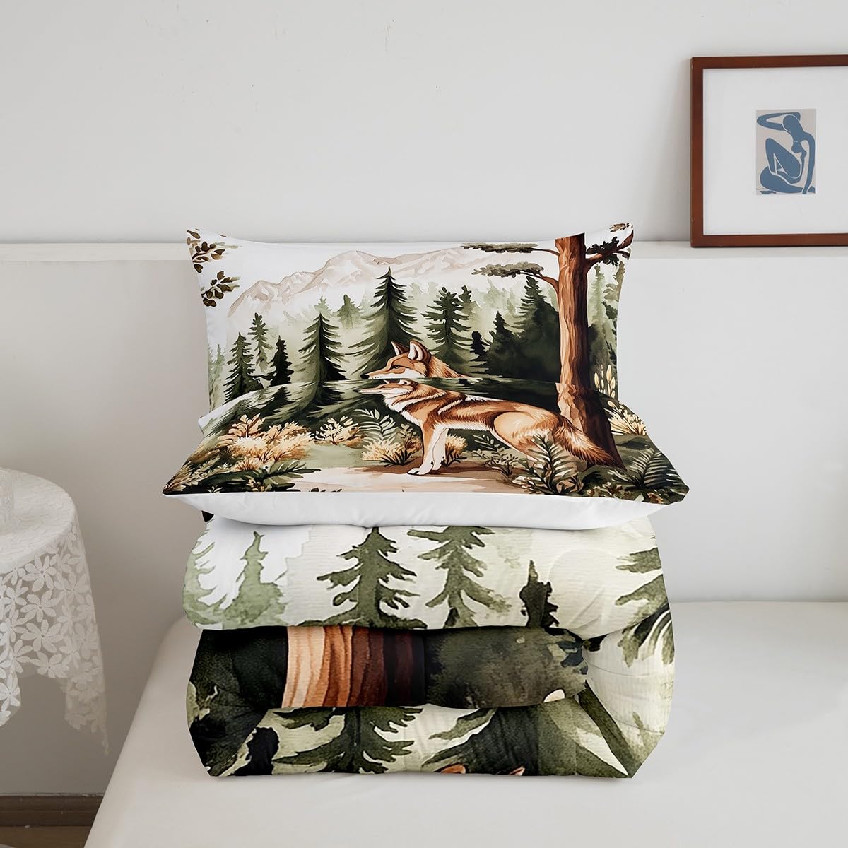 Wolf Bedding Set Full Size,Pine Tree Wild Animal Comforter Set for Kids Girls Boys Adults Room Decor,Jungle Woodland Botanical Duvet Insert 3Pcs,Wildlife Plant Microfiber Quilt Set,2 Pillowcases