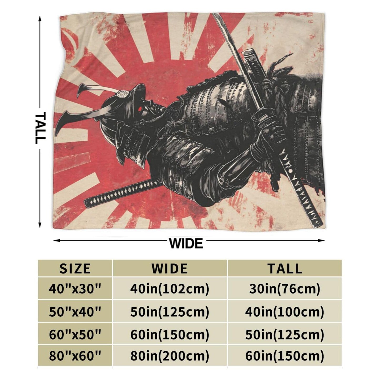 Japanese Samurai Throw Blanket Asian Warrior Flannel Blankets Japan Bushido Fuzzy Plush Super Soft Cozy Warm Decor Gifts for Boys Girls Kids Adults Men Women 40" x 50"