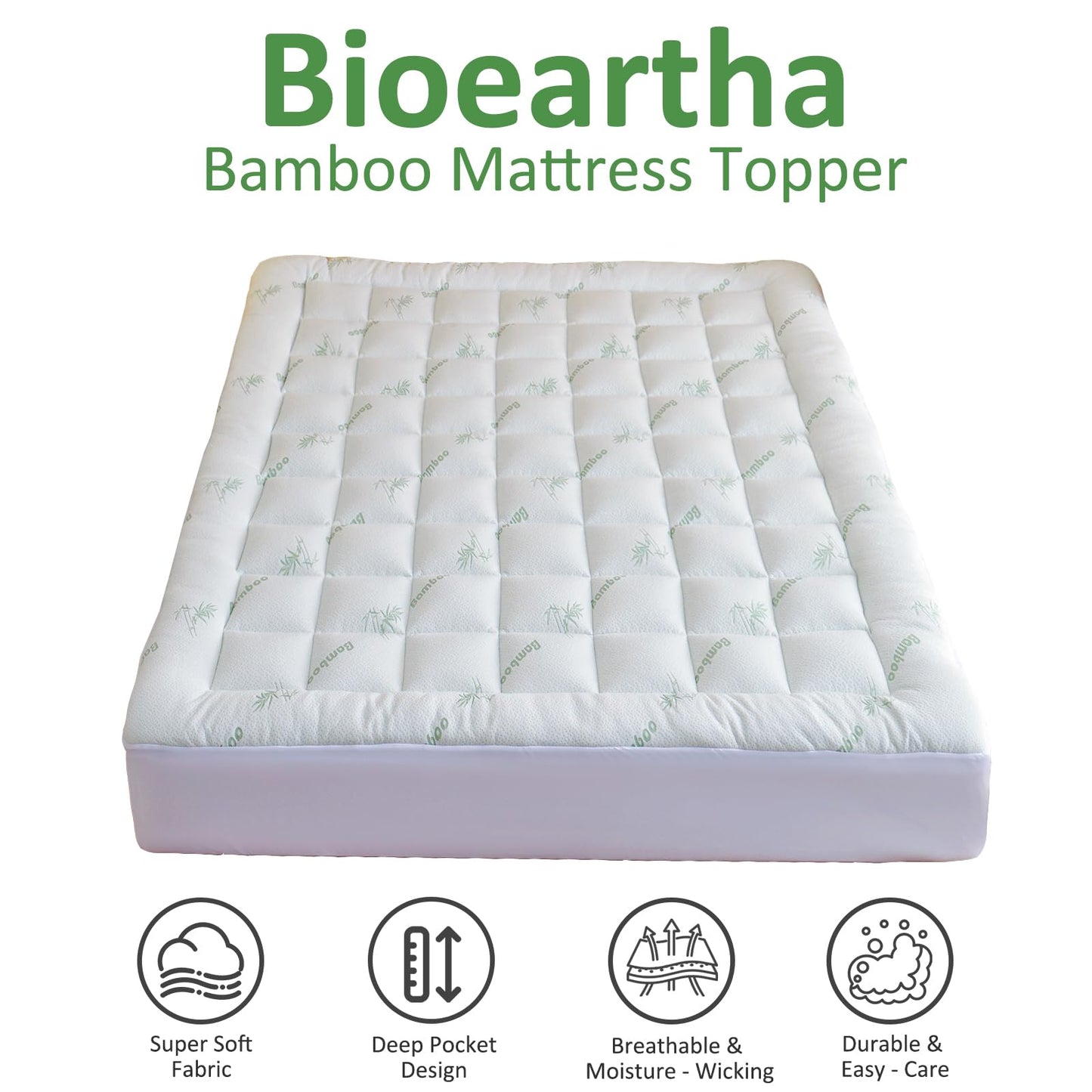Bioeartha Cooling Mattress Topper King – Extra Soft Pillow Top Mattress Pad, Breathable Viscose Made from Bamboo Mattress Protector for Back Pain Relief, Deep Pocket Cover Fits 8–21 Inch
