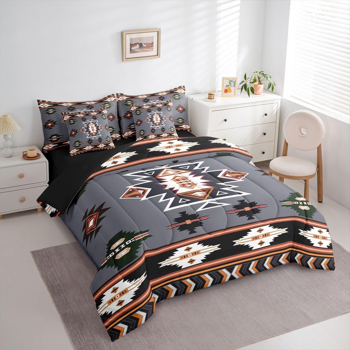 Erosebridal Western Comforter Set 7 Piece Bed in a Bag Twin | Bohemian Decor Geometric Bedding Sets Boho Aztec Comforter and Sheet Set, Ethnic Tribal Arrow Bed Sets,Grey
