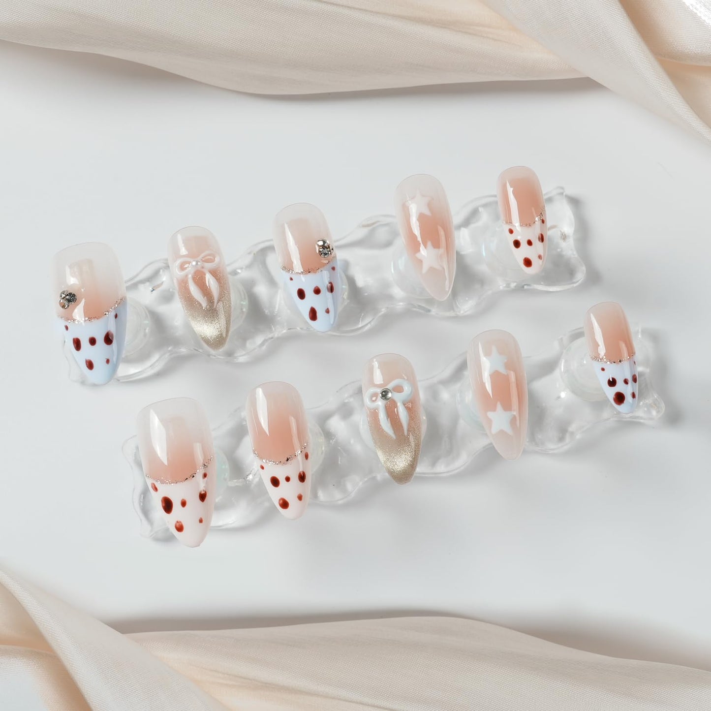 Tesytto Y2k Press on Nails Leopard Print - Gold Glitter French Tip & Bow Design, Medium Almond Nude Pink Gradient Acrylic Fake Nails for Women (Sweet Leopard Chic, M)