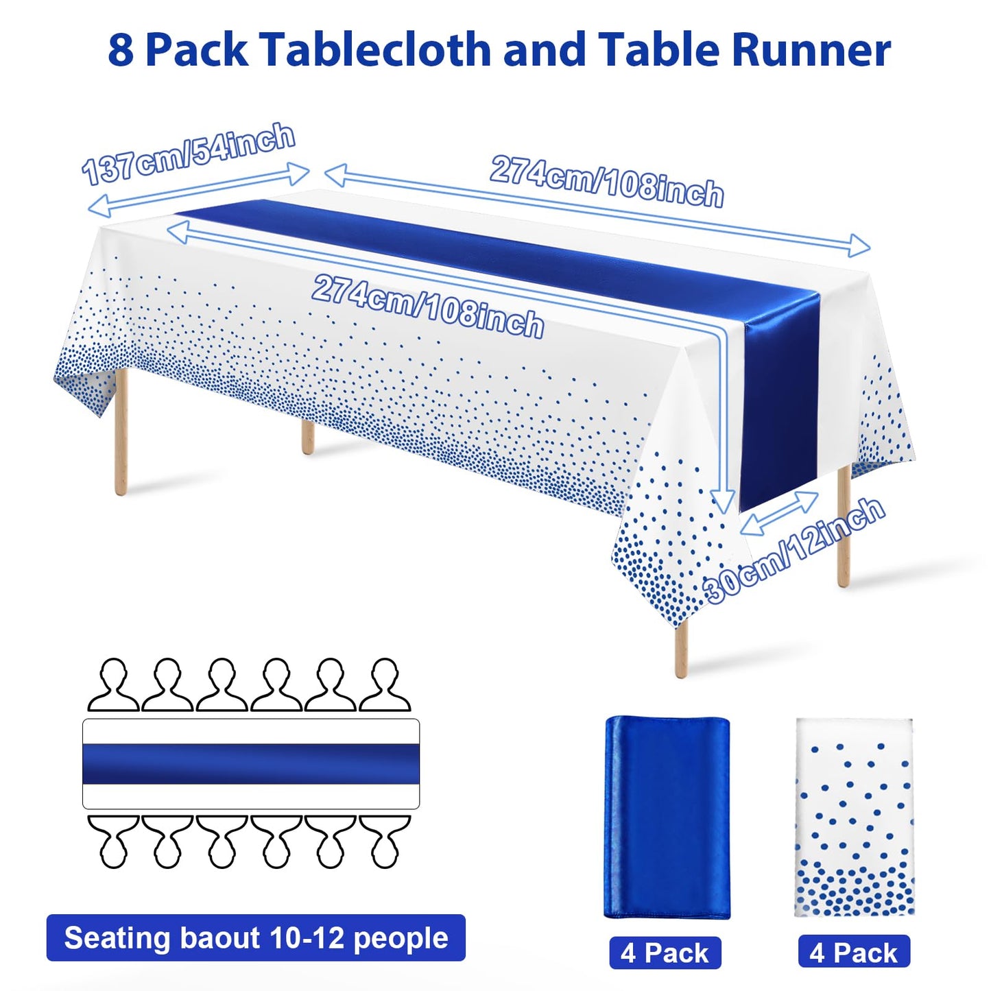 8Pack Disposable Plastic Tablecloths and Satin Table Runner White and Royal Blue Dot Tablecloth Blue Satin Table Runner for Wedding Birthday Baby Shower Anniversary Christmas New Year Party Supplies