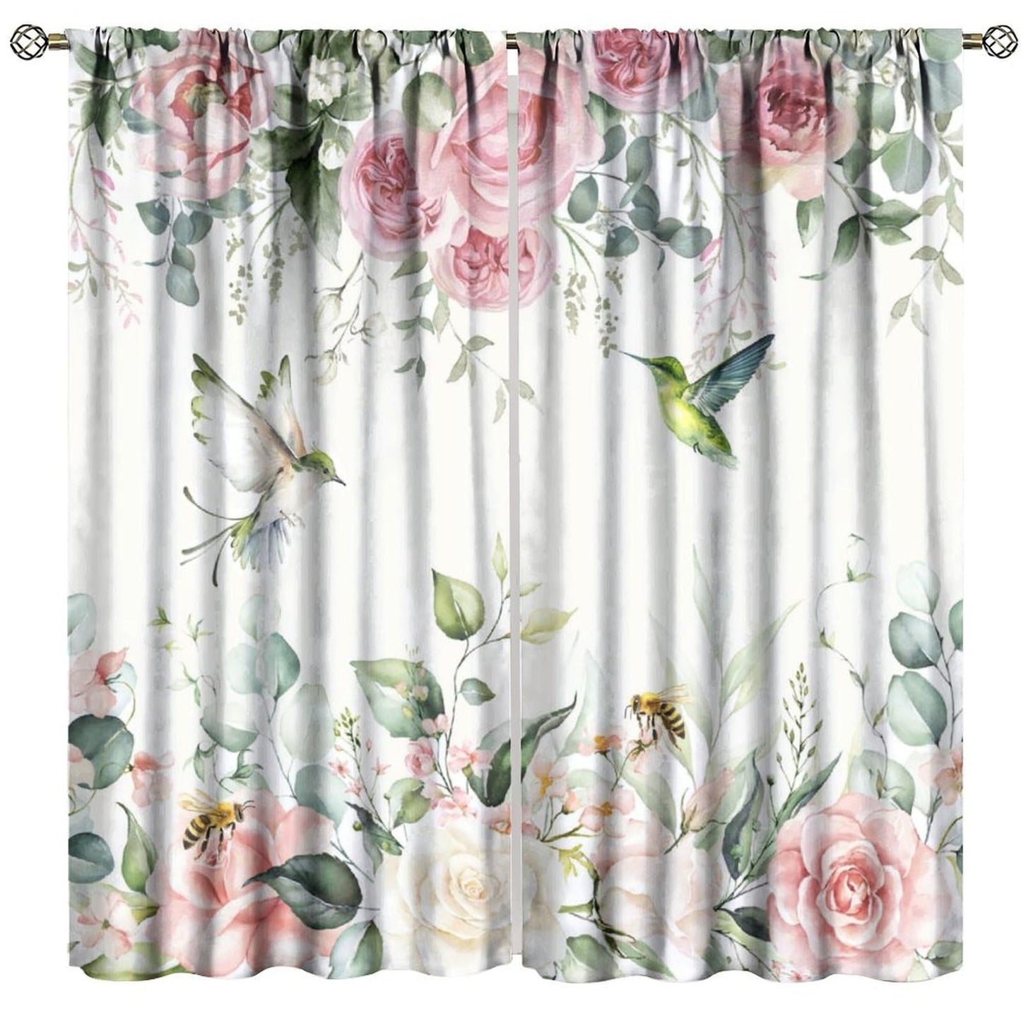 PHTAYOT Pink Burgundy Rose Curtains, Rose Floral Green Leaves Plant Spring Blossom Bird for Room Window Decor, Rod Pocket Print Drapes for Living Room Bedroom Kitchen 2 Panel Set 20.5" W X 45" L