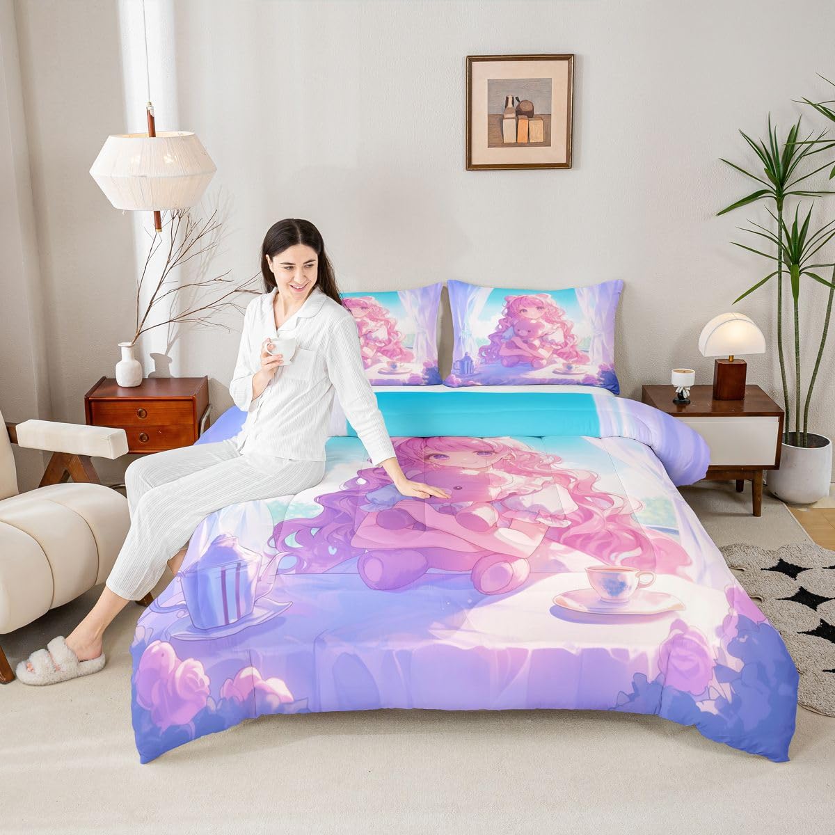 Erosebridal 3D Anime Girl Comforter Set Full, Japanese Girl Romance Love Bedding Cartoon Anime Gifts Bedding Comforter Sets, Rabbit Lovers Gifts - 1 Comforter 2 Pillow Cases