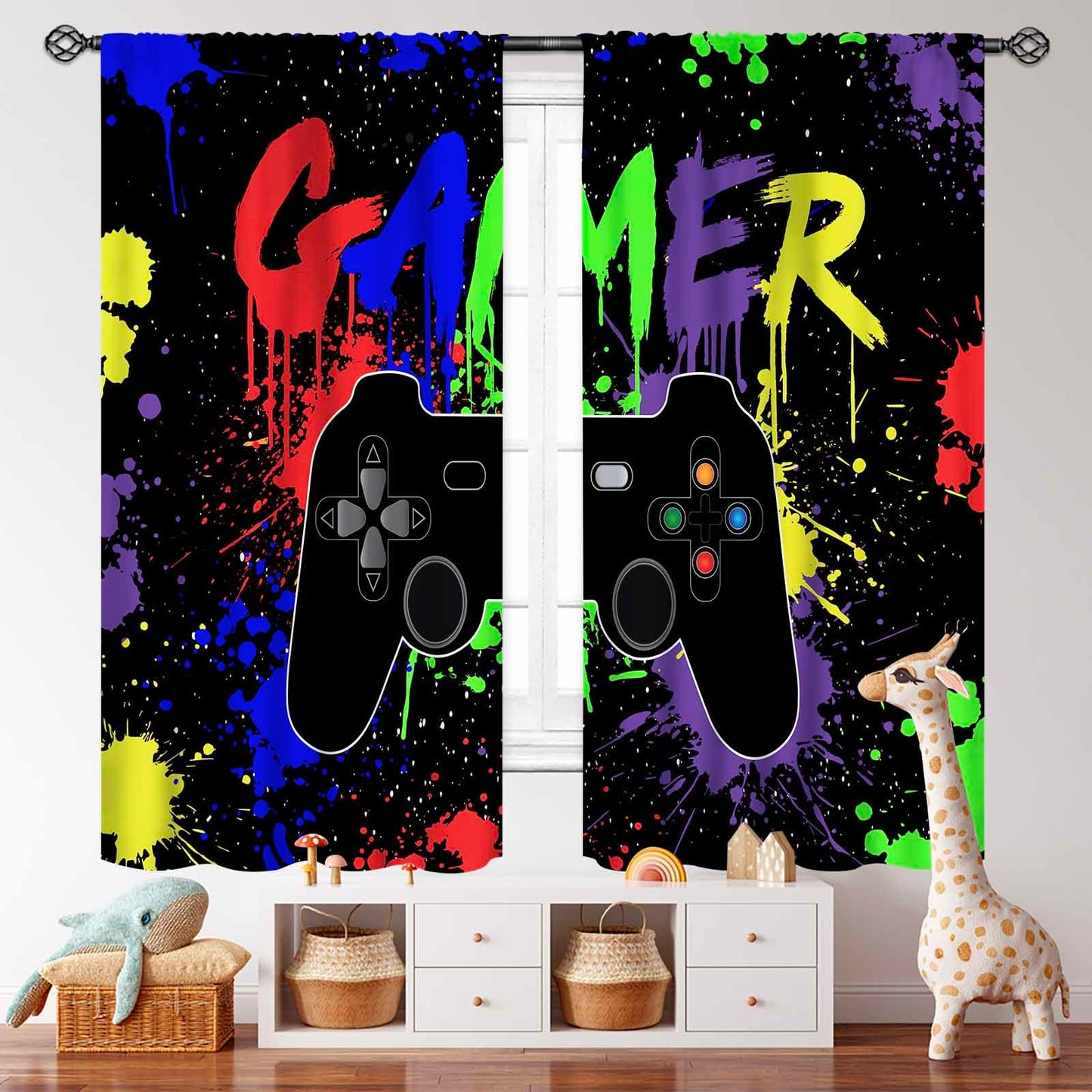 Gaming Curtains for Boys Bedroom,Colorful Graffiti Gamepad Video Gamer Themed Teen Kids Playroom Living Room Rod Pocket Window Treatments Drapes 2 Panels,42X45 Inch