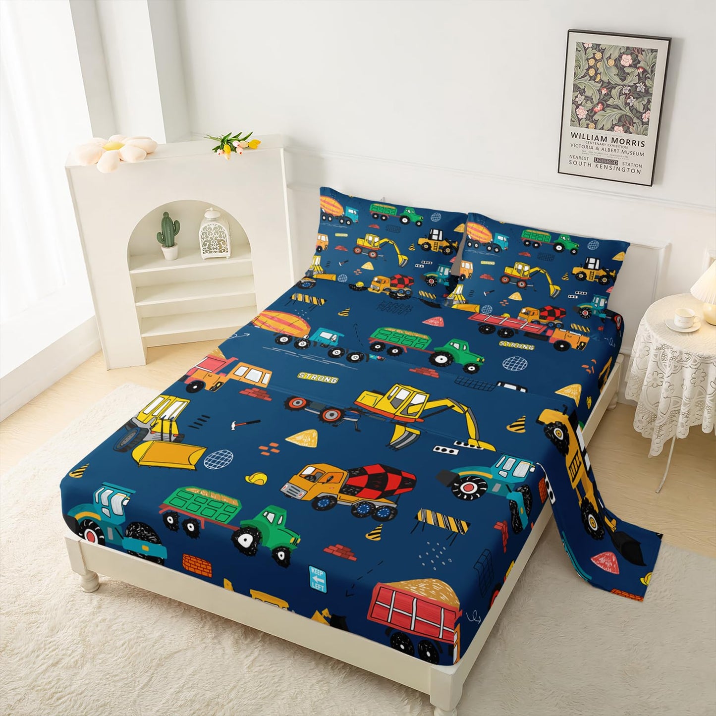 QOOMO Construction Kids Bed Sheets Twin Size,Trucks Print Bedding Sheet Set,4Pcs Excavator Deep Pocket Bed Sets with 1 Fitted Sheet 1 Flat Sheet 2 Pillowcases for Boys Girls Teens