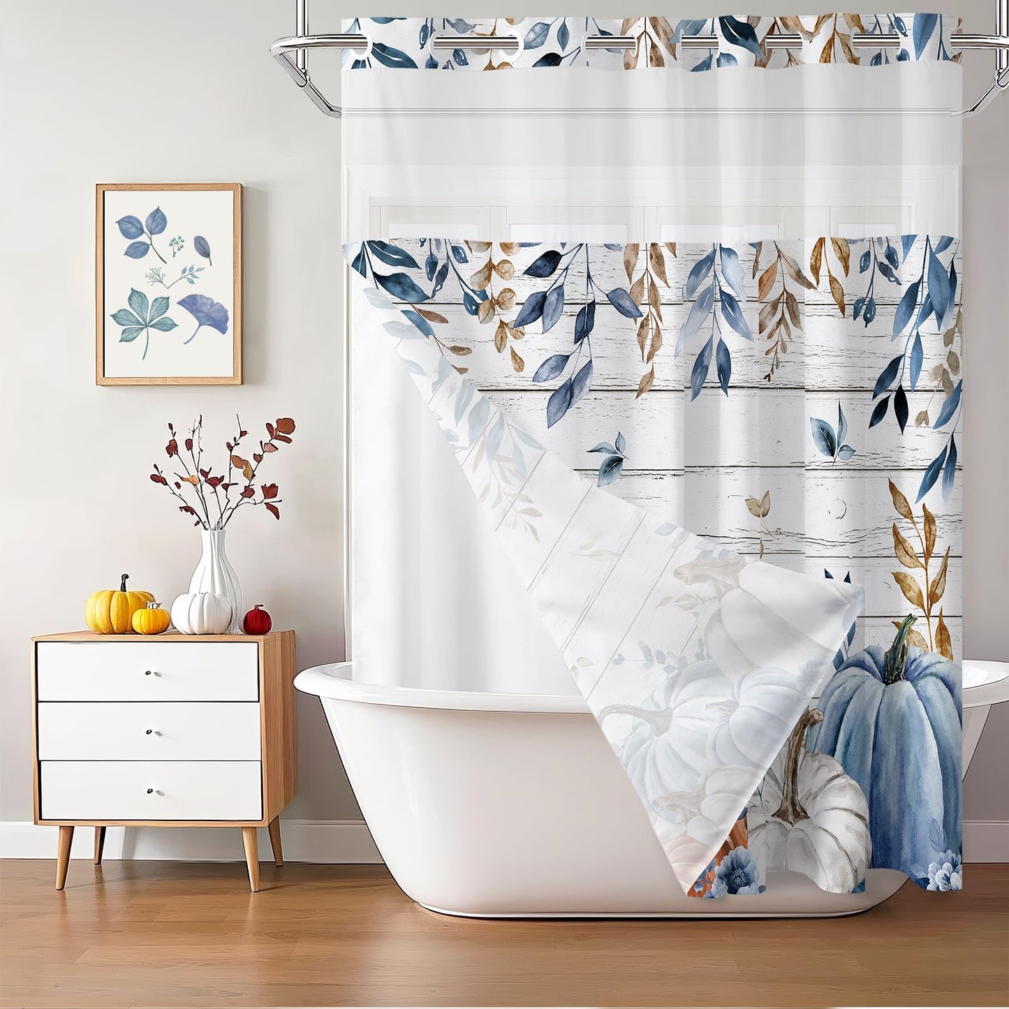 MEHOFOND No Hook Fall Pumpkin Shower Curtain with Snap in Liner,Hookless Autumn Watercolor Blue White Pumpkin Shower Curtain,Farmhouse Eucalyptus Leaves Thanksgiving Holiday Bathroom Decor 71x74 in