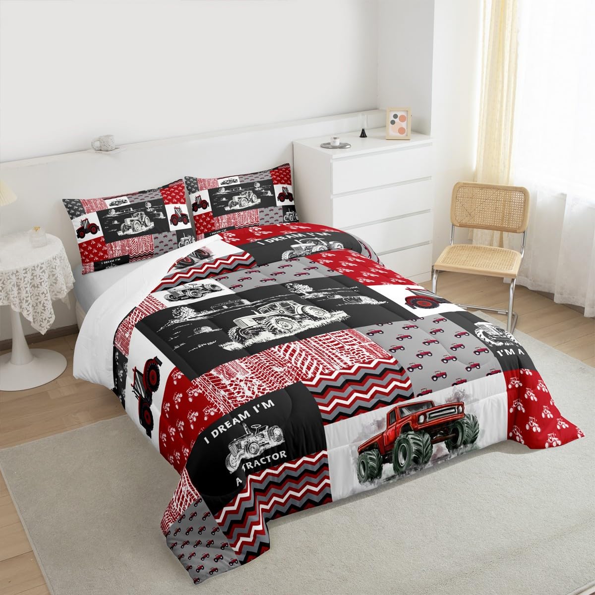 Erosebridal Red Tractor Bedding Set for Boys King,Construction Tractor Comforter Set Kids Teens Equipment Trucks Down Comforter Black White Construction Vehicle Quilt Set Bedroom Decor