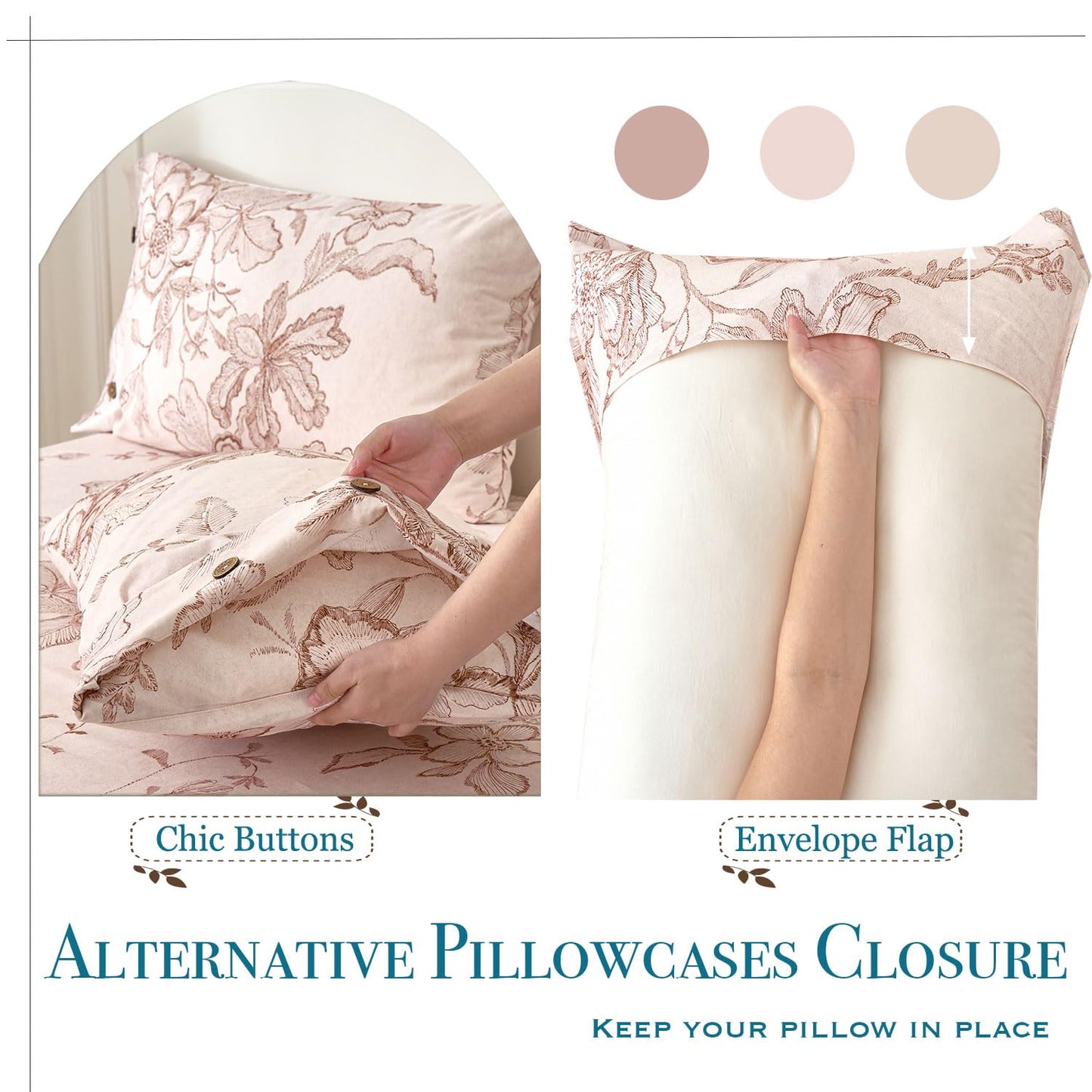 Zusbest Queen Sheet Set Pink Floral Sheet Set 400TC 100% Double Brushed Cotton Flannel-Like Warm Luxury Bed Sheets 4Pcs, Button Closure Extra Soft Breathable Vintage Toile Printed Deep Pocket 17‘’