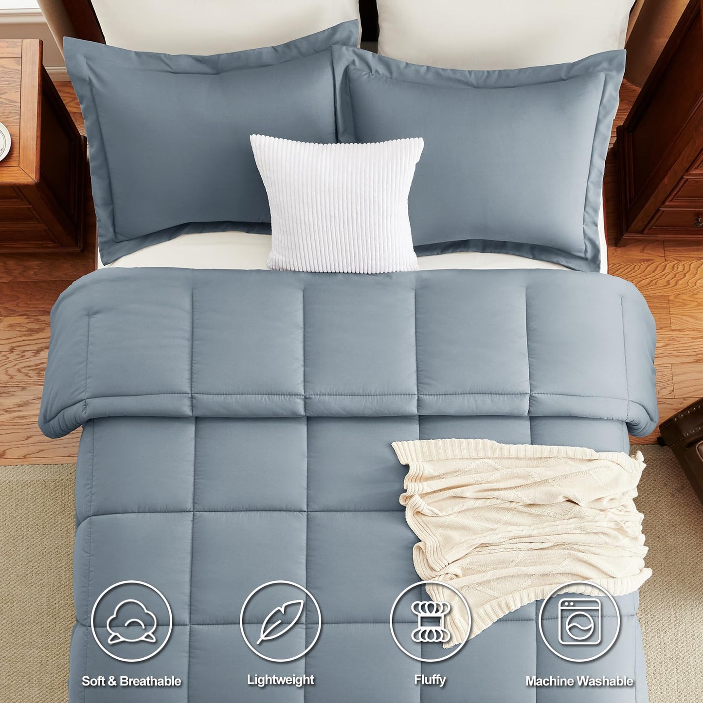 CozyLux Queen Comforter Set - 270GSM Grayish Blue Bedding Sets for All Seasons, 3 Pieces Box Stitched Bed Set with 1 Down Alternative Comforter and 2 Pillow Shams, Soft, Lightweight, Breathable